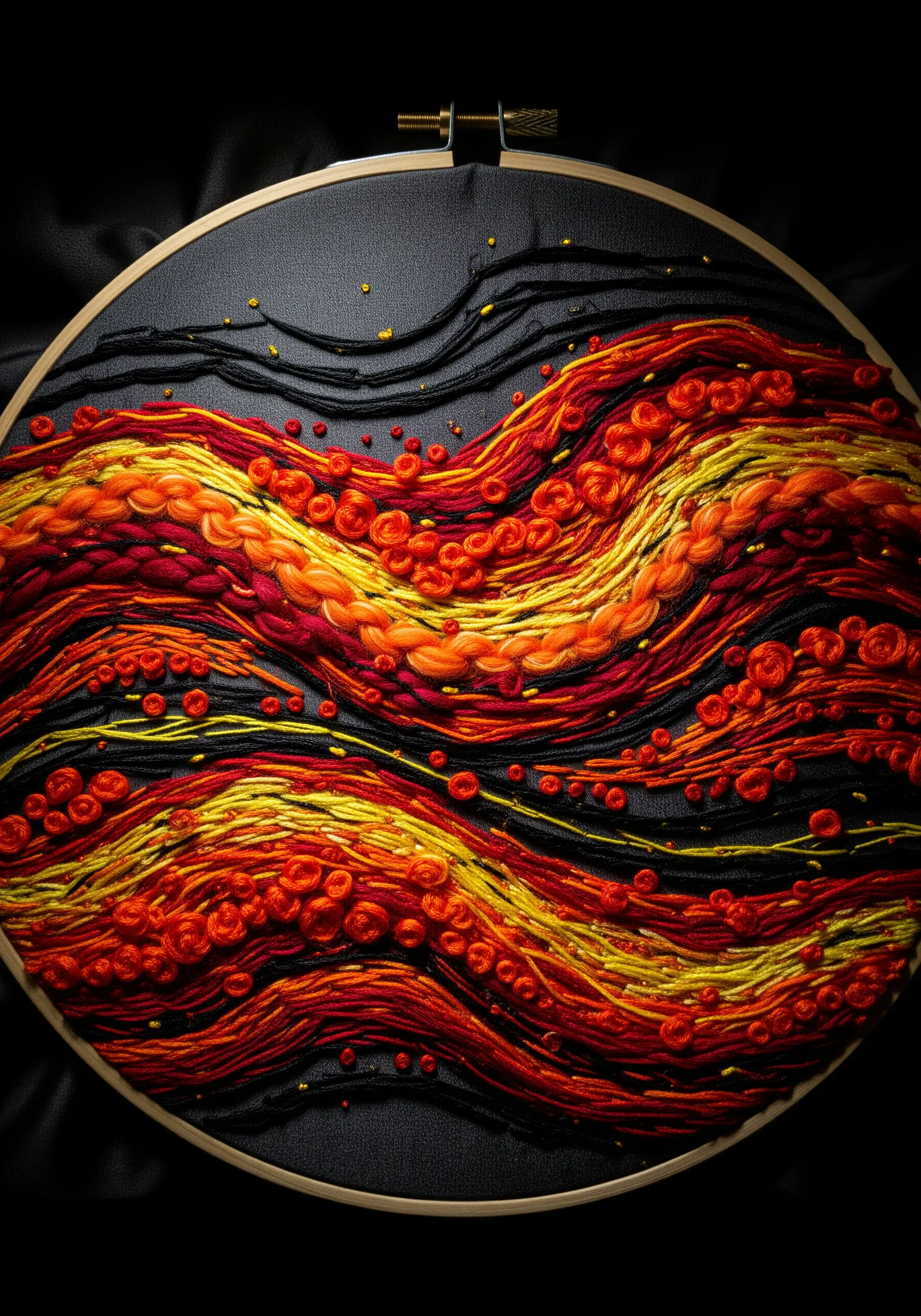 Abstract fiery waves in red, orange, and yellow with dense knots and braids on black fabric.