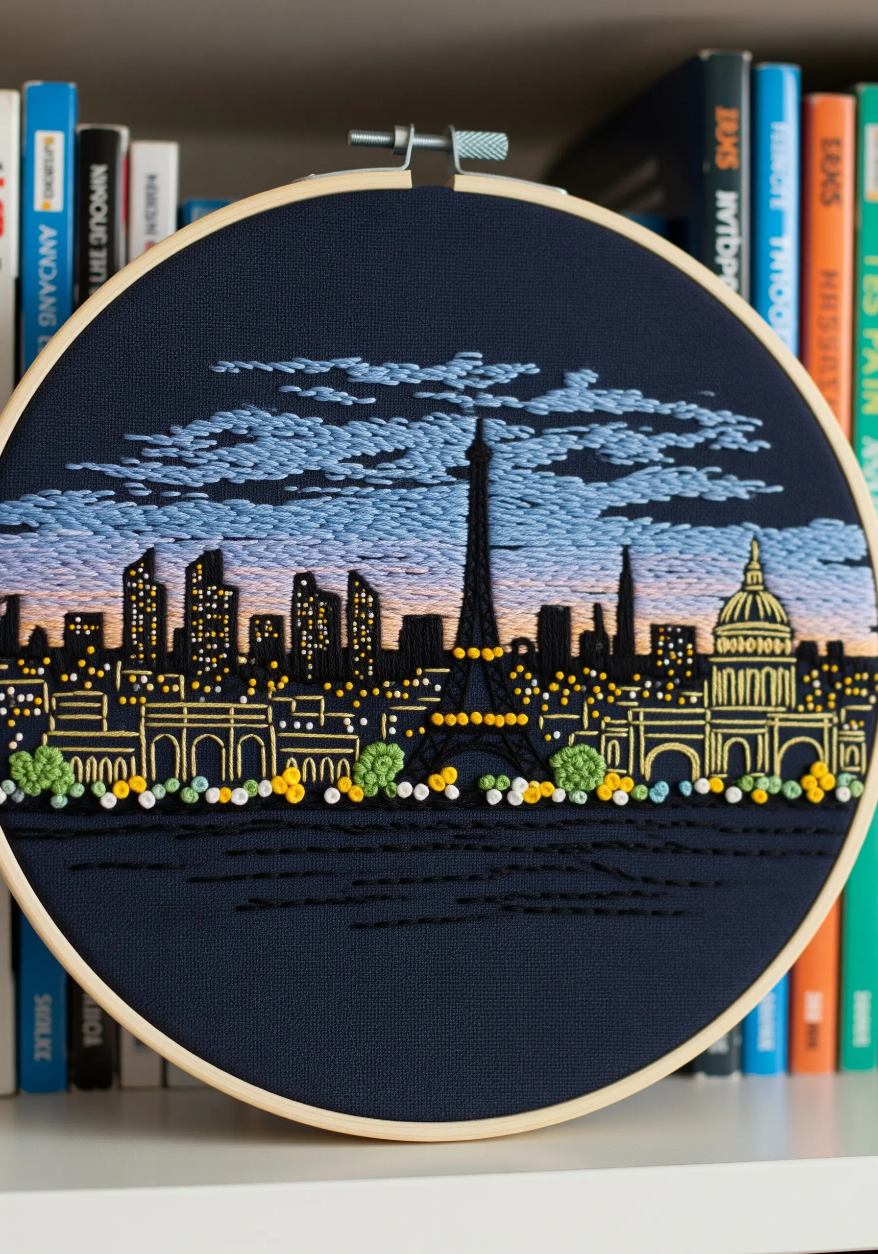 Embroidered Paris skyline at night, with glowing yellow lights and textured clouds.