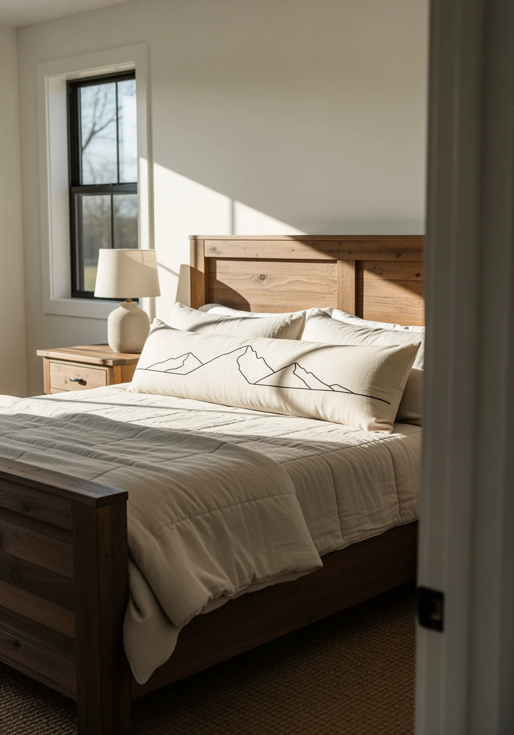 Minimalist single-line mountain range embroidered on a long, neutral lumbar pillow.