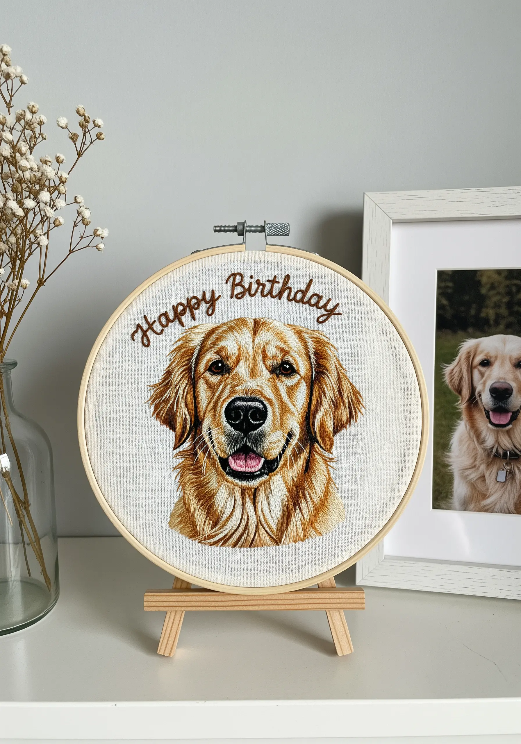 Realistic thread-painted portrait of a golden retriever in an embroidery hoop.