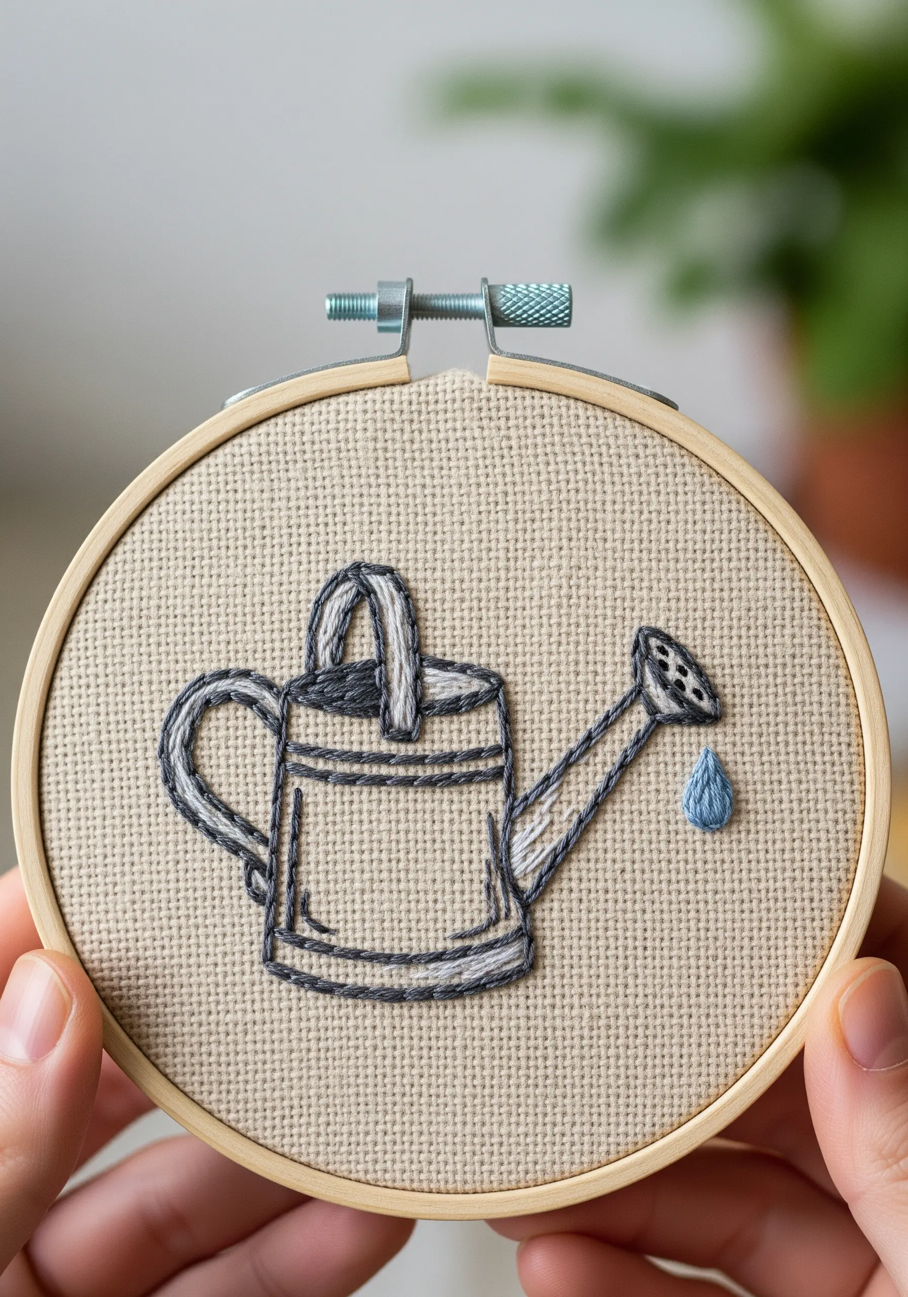 A sketch-style embroidered watering can with simple outlines and minimal shading.