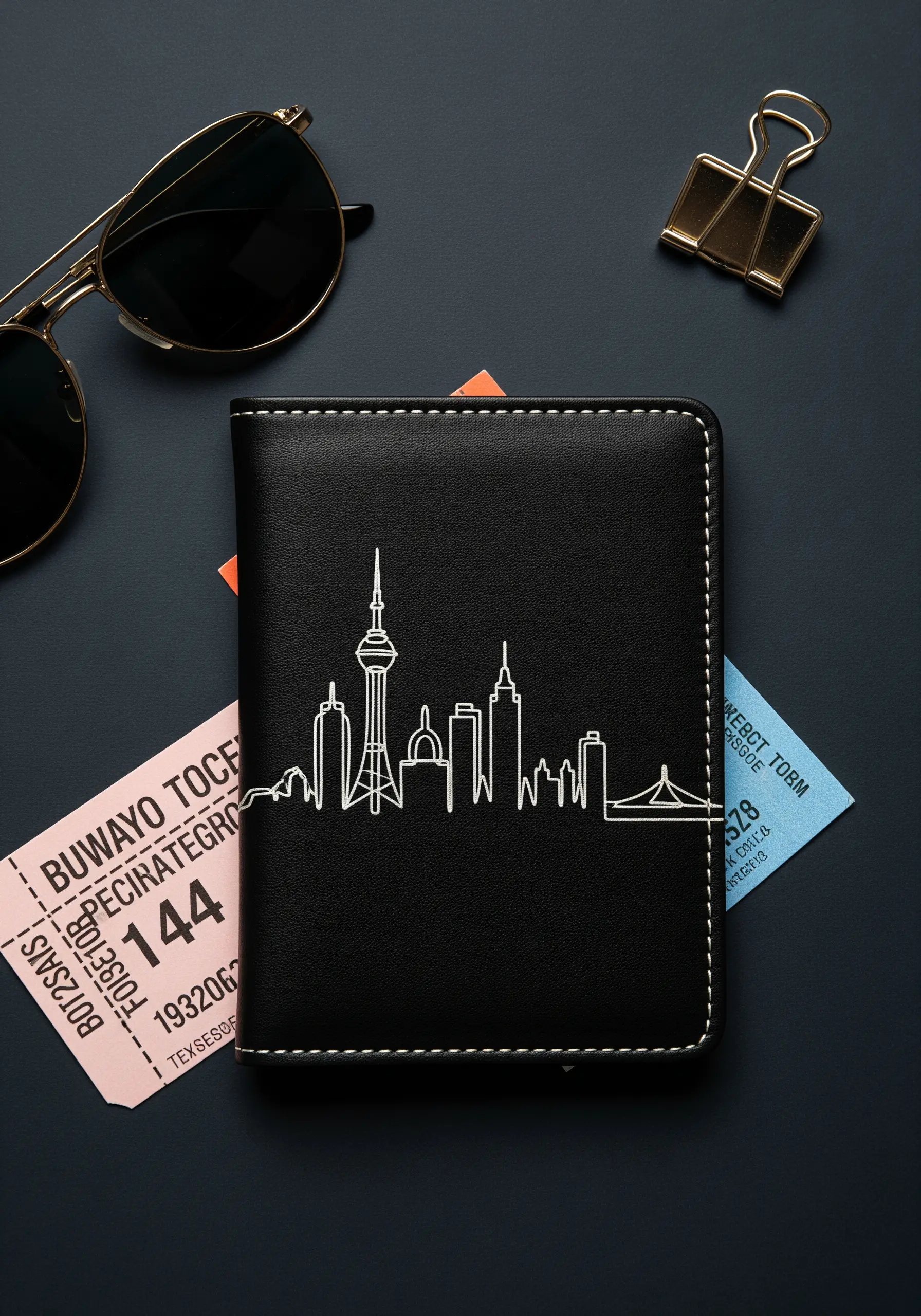 A white line-art embroidery of a city skyline on a black leather passport cover.