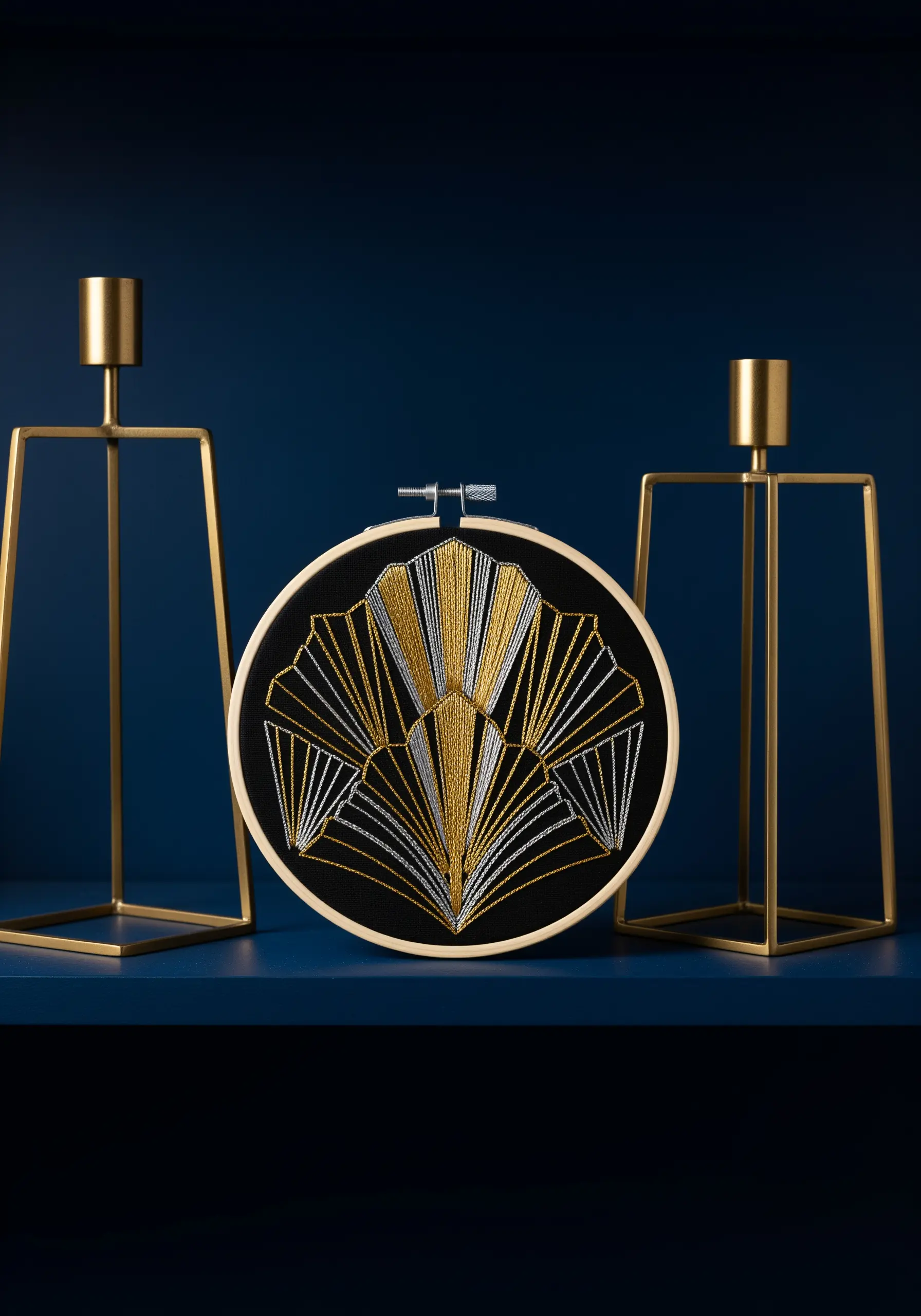 Art Deco fan motif in gold and silver metallic thread on black fabric.