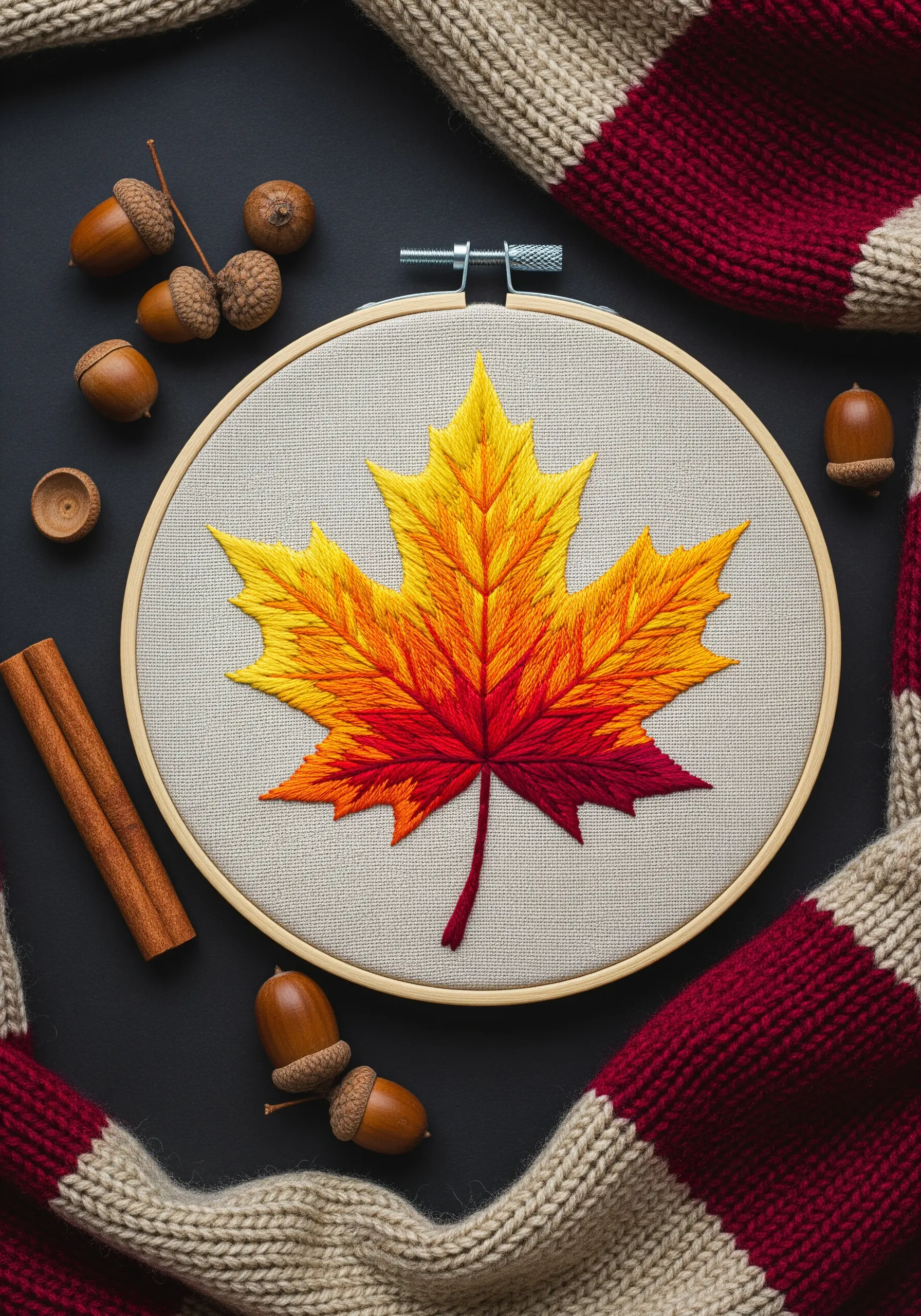 A maple leaf embroidered with a red, orange, and yellow gradient, surrounded by acorns.