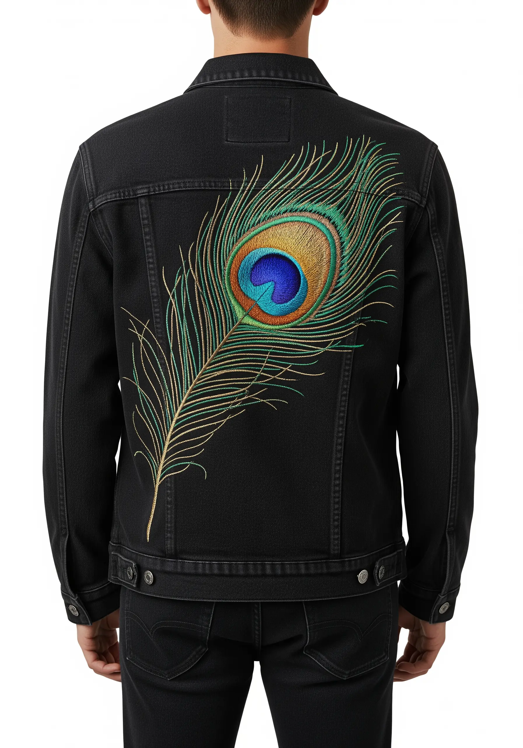 A large, detailed peacock feather embroidered with metallic and jewel-toned threads on a black jacket.