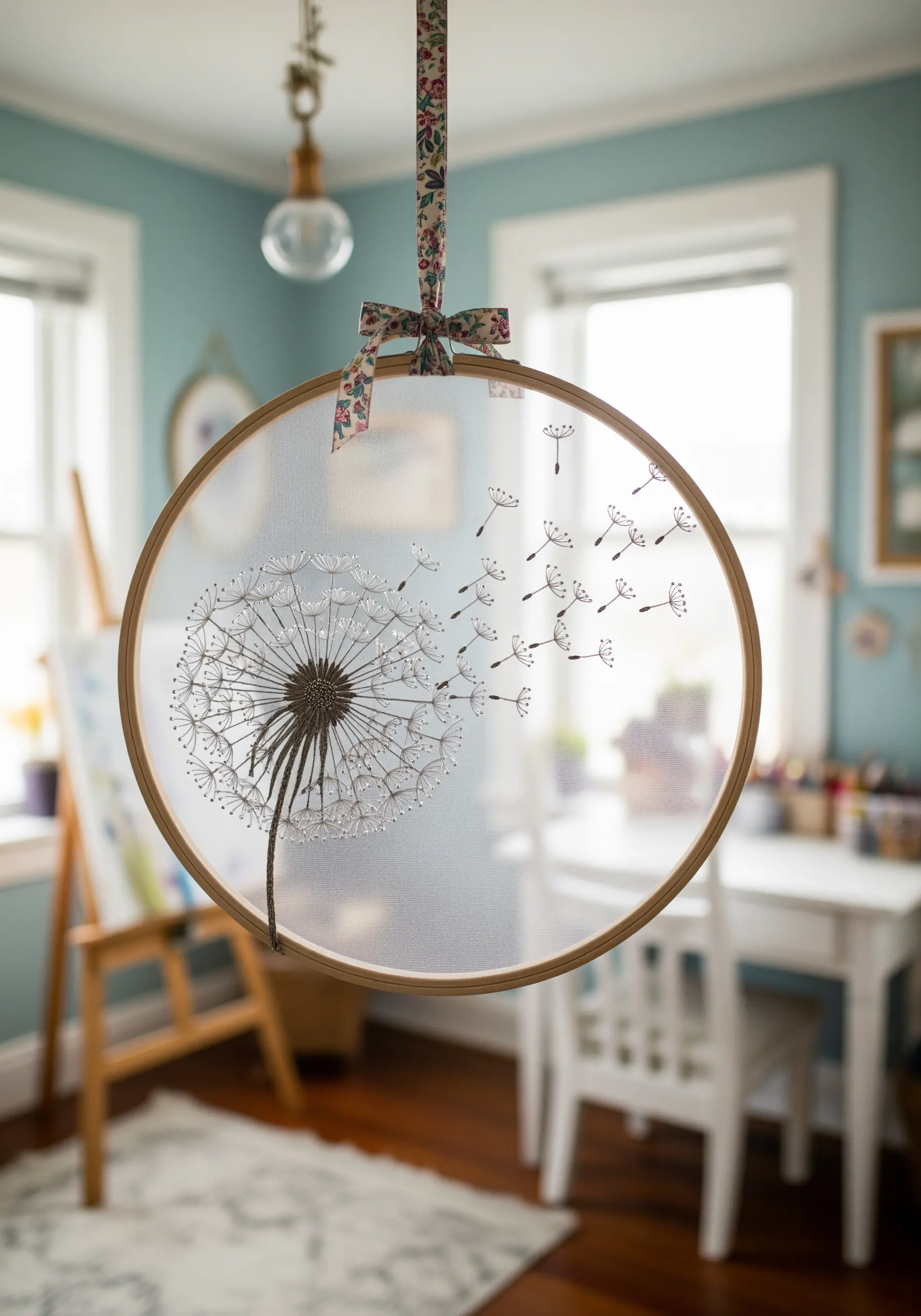 A delicate dandelion embroidery stitched on sheer fabric, appearing to float