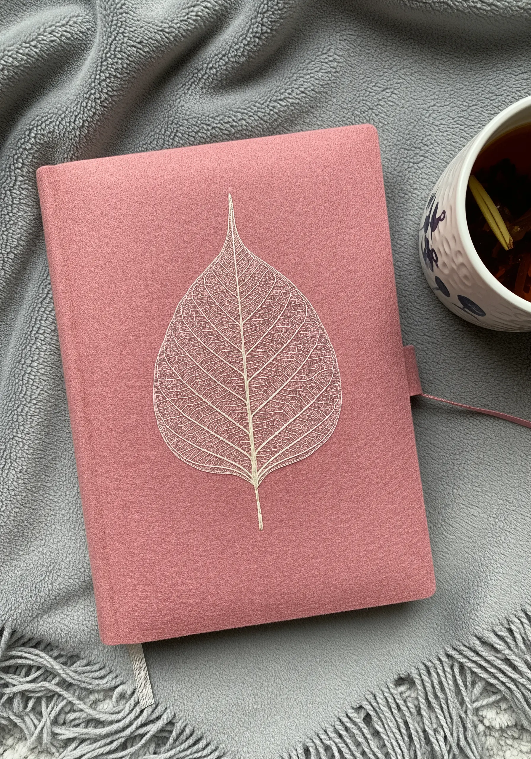A delicate white skeleton leaf embroidered on a pink felt journal cover.