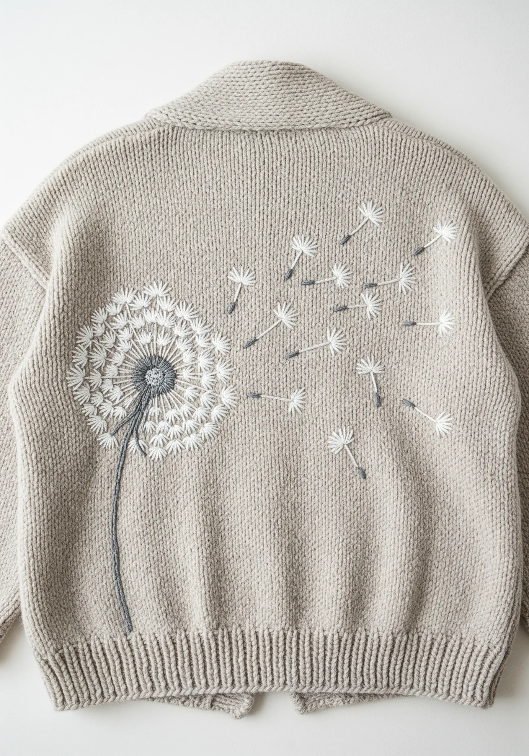 A dandelion seed head with seeds blowing across the back of a grey cardigan.