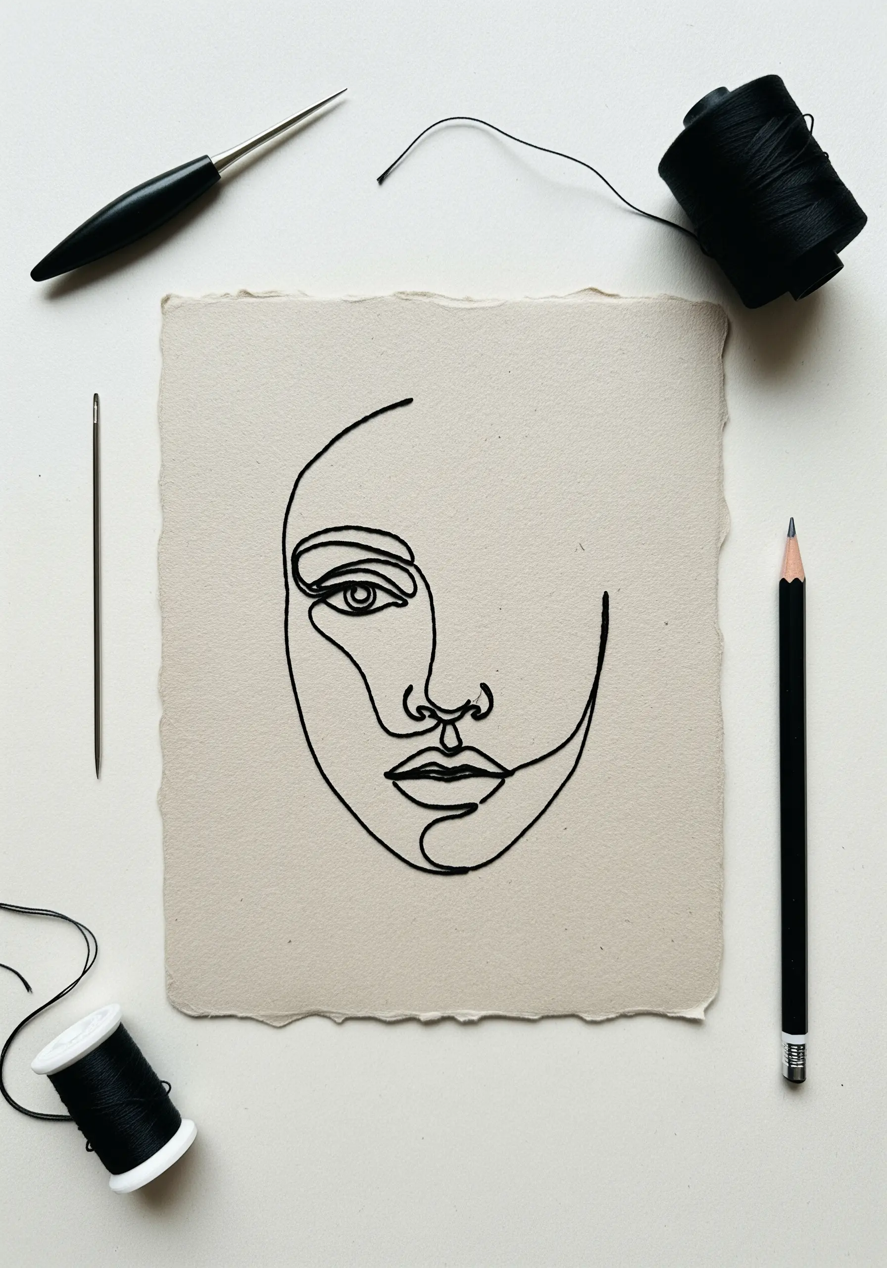 A minimalist single-line face portrait stitched in black thread on textured cream paper.