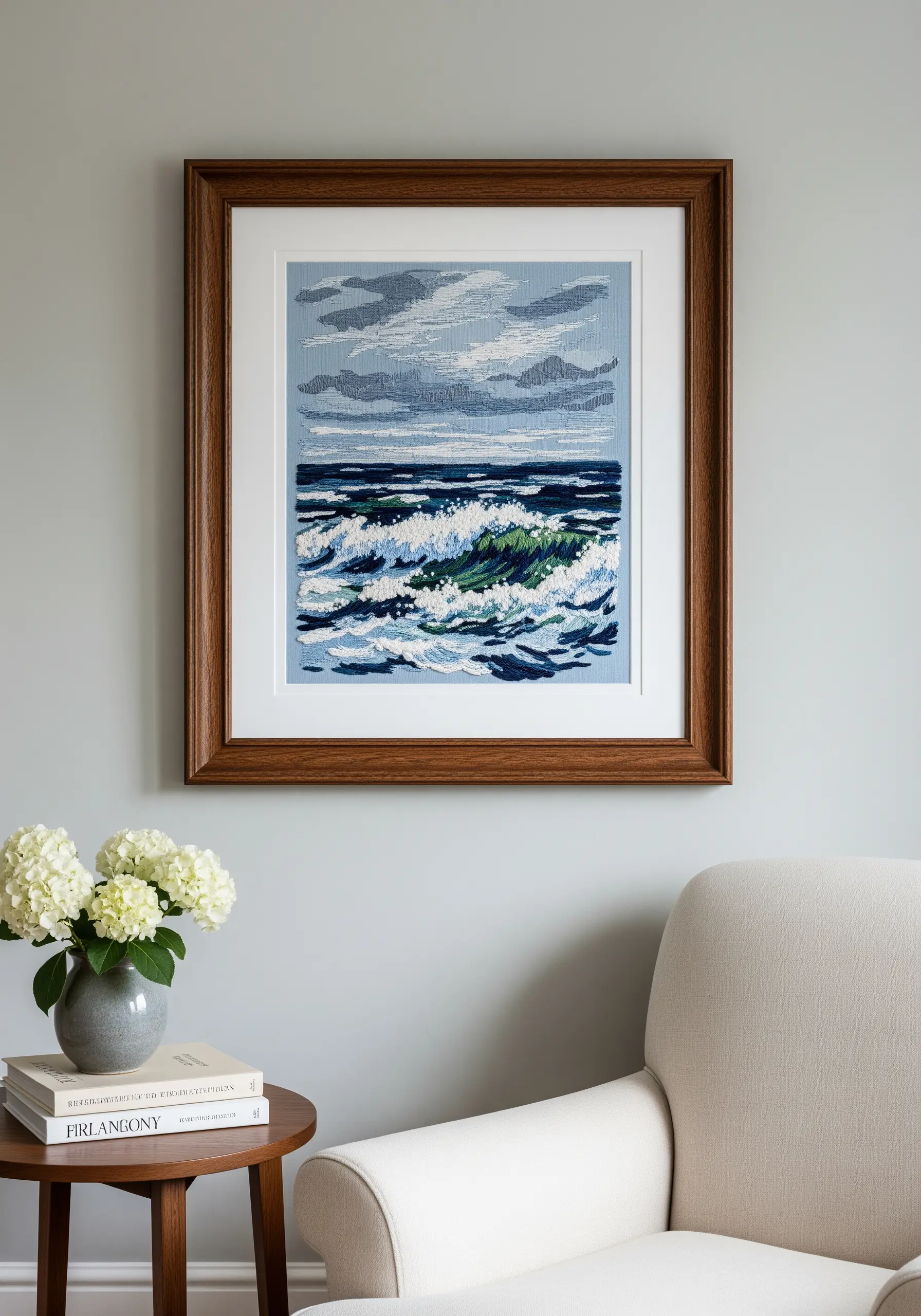 Embroidered ocean scene with painterly waves and textured seafoam.