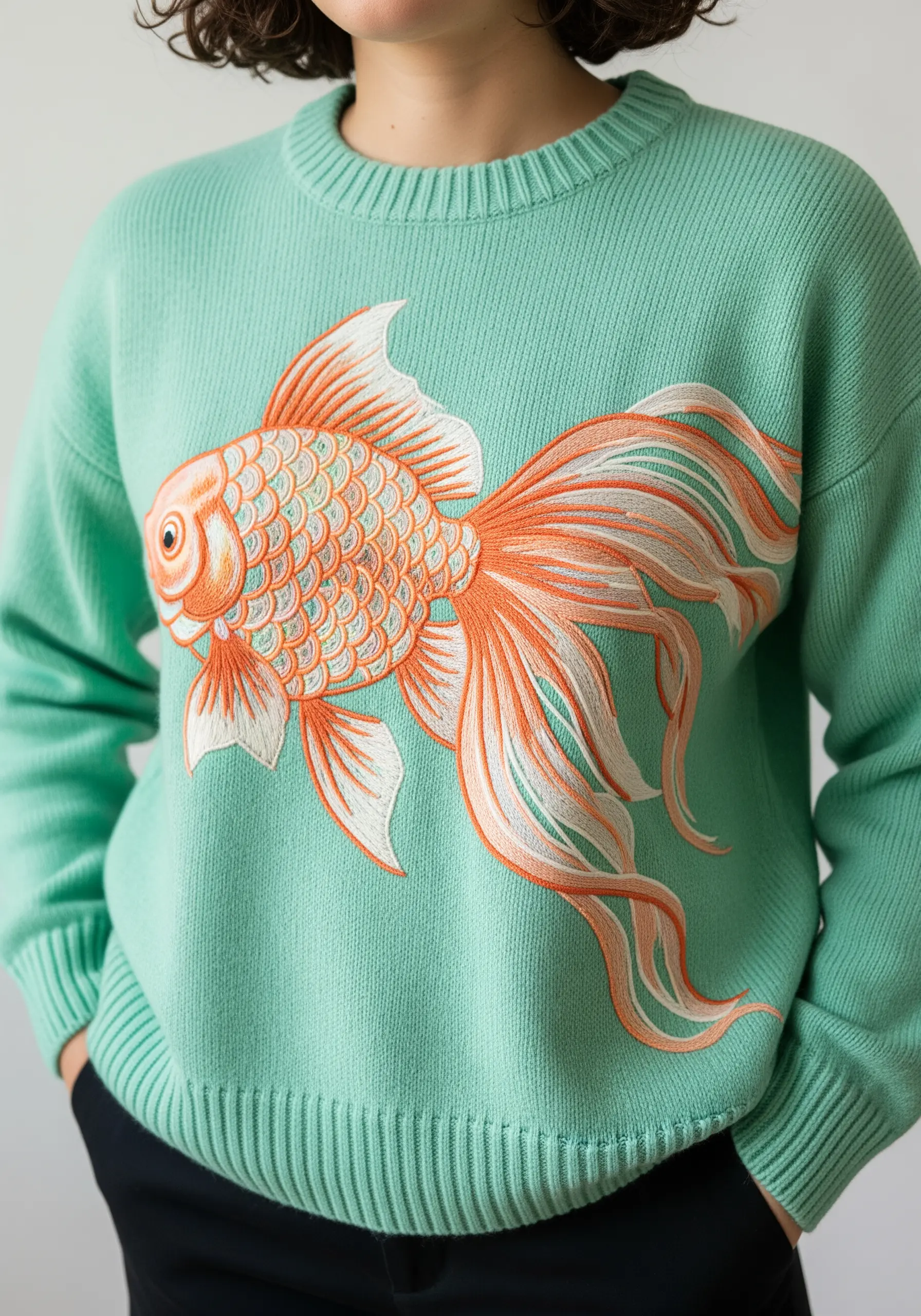 A large, elegant goldfish with flowing fins embroidered in orange and white on a teal sweater.