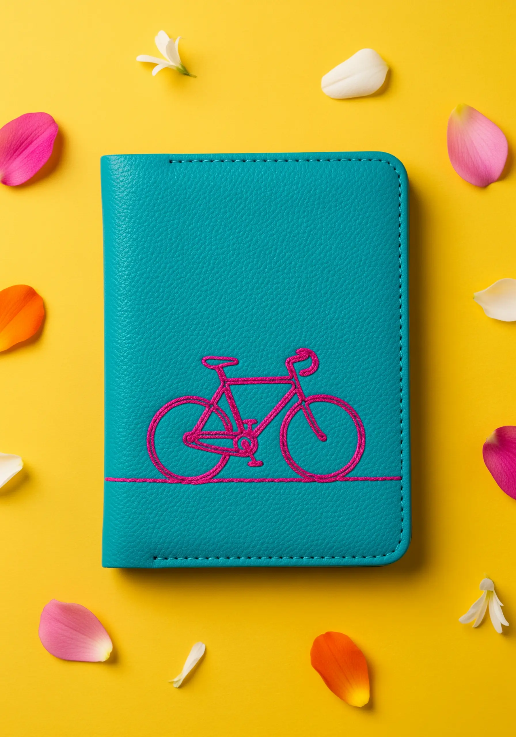 A hot pink line-art bicycle embroidered on a vibrant turquoise passport cover.