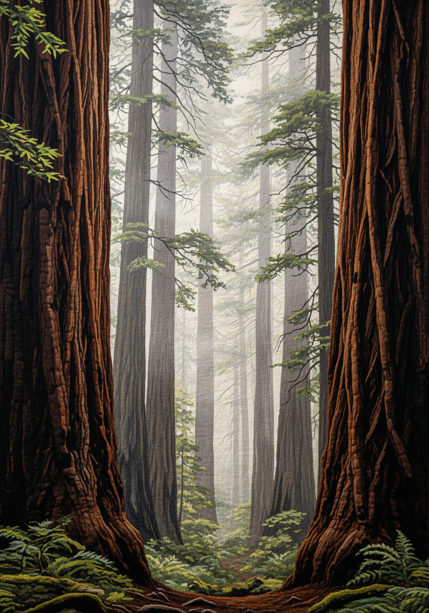 A large embroidery piece depicting a misty redwood forest with textured tree trunks.