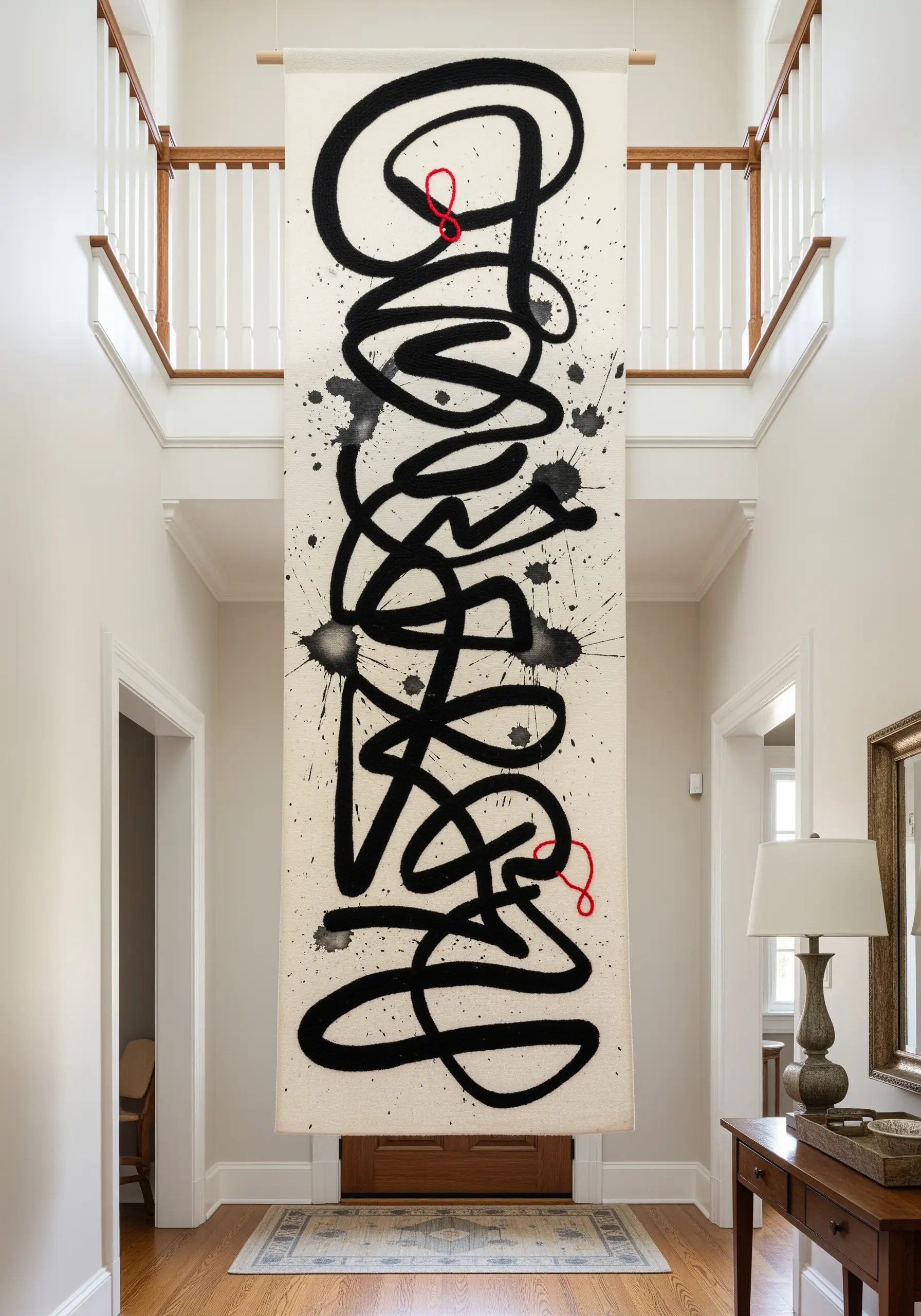 A large wall hanging with a bold, black calligraphic swirl and a small red thread accent.