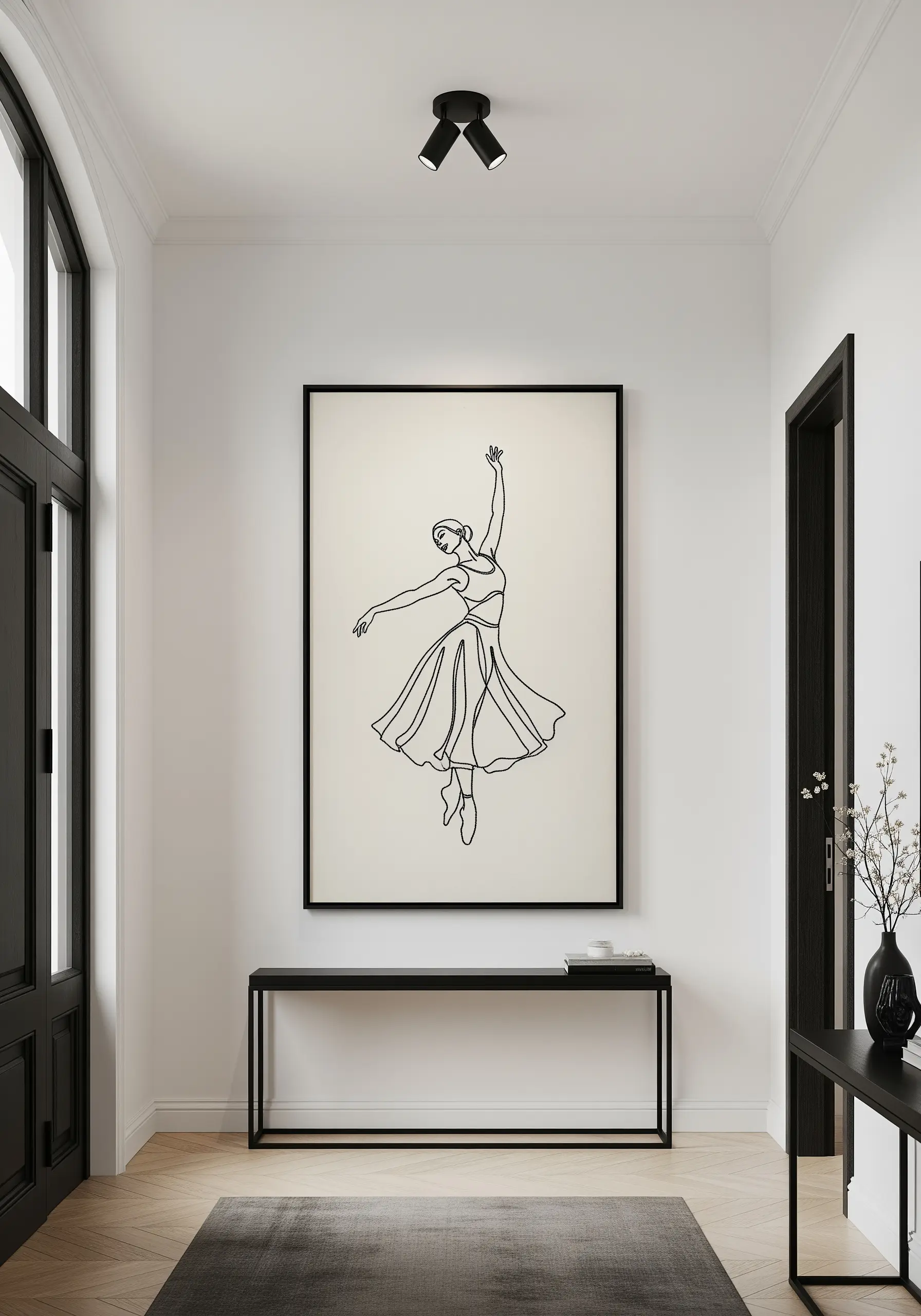 A large framed piece of single-line art embroidery depicting a graceful dancer.
