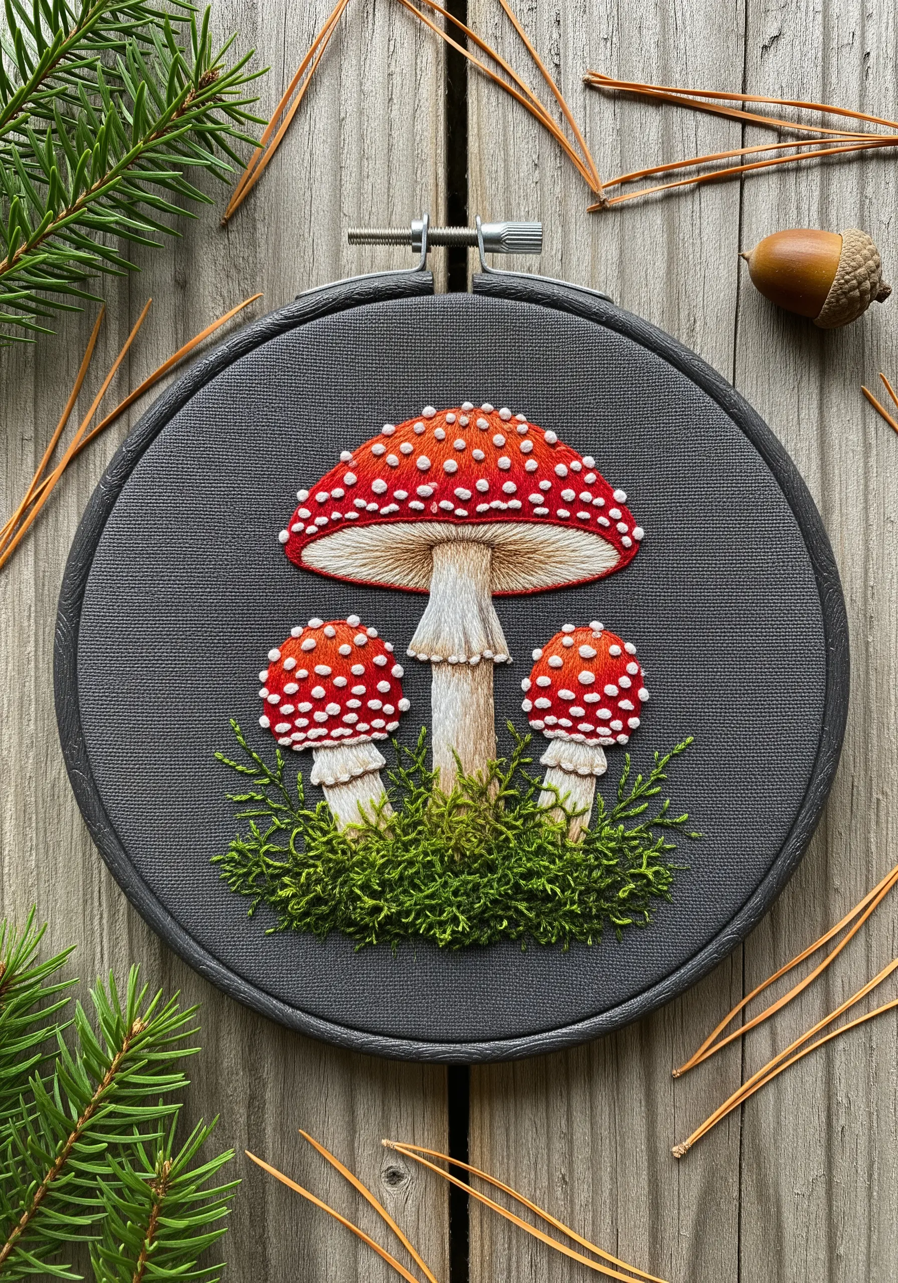 Embroidered red Amanita mushrooms with textured French knot moss on dark grey fabric.