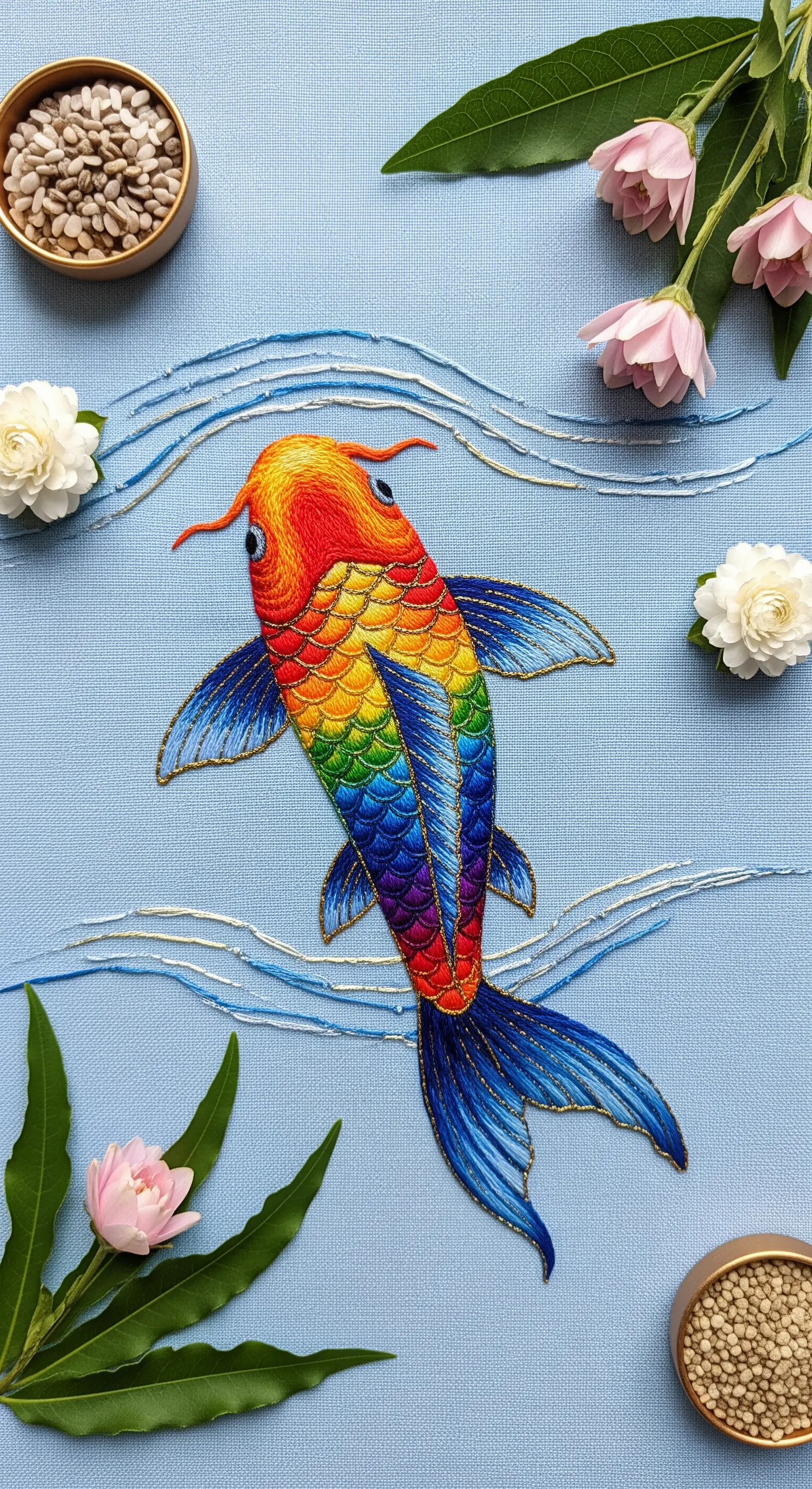 An intricately embroidered rainbow koi fish with layered, scale-like stitches.