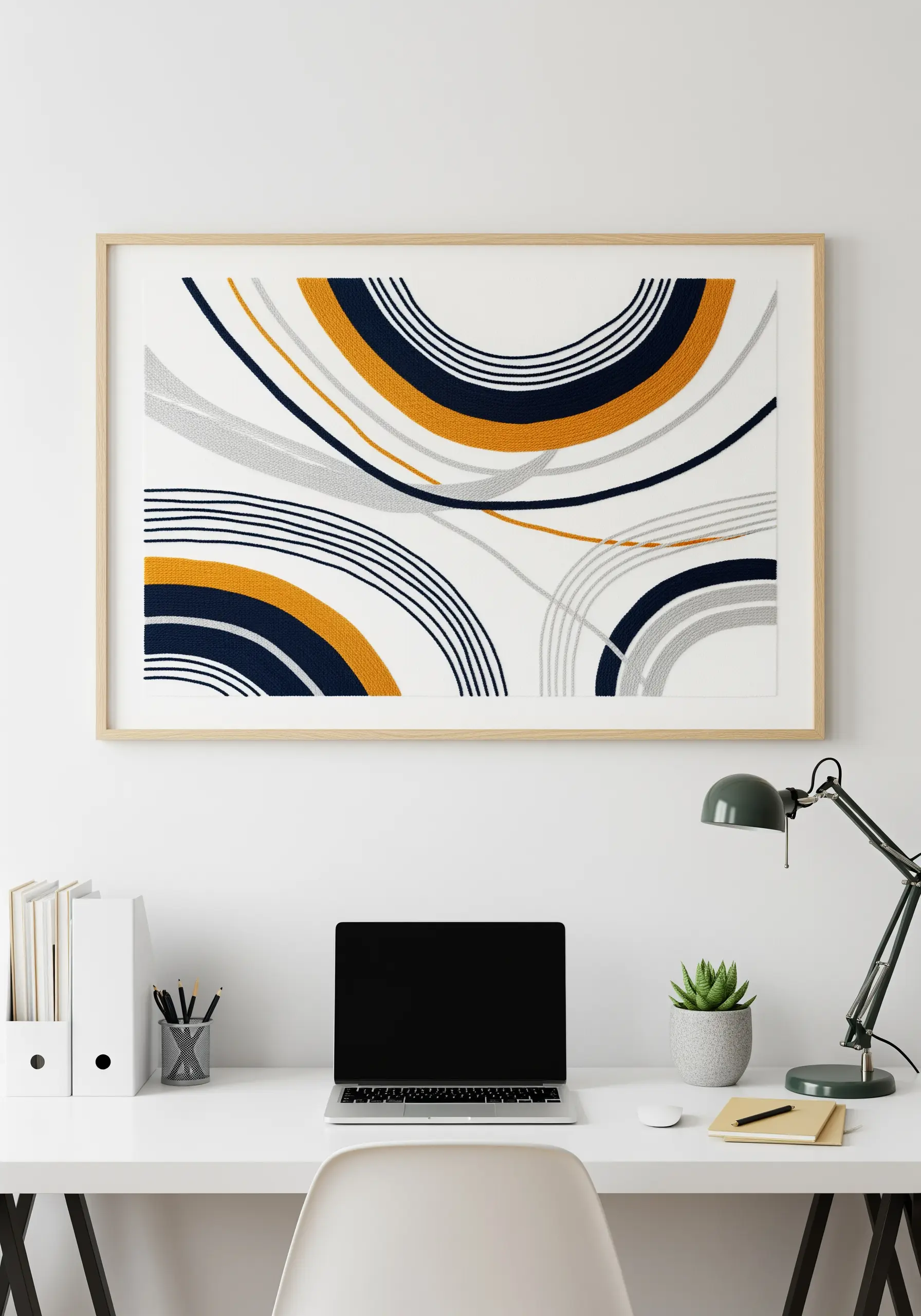 Abstract framed embroidery with curved blocks of navy, orange, and grey satin stitch.
