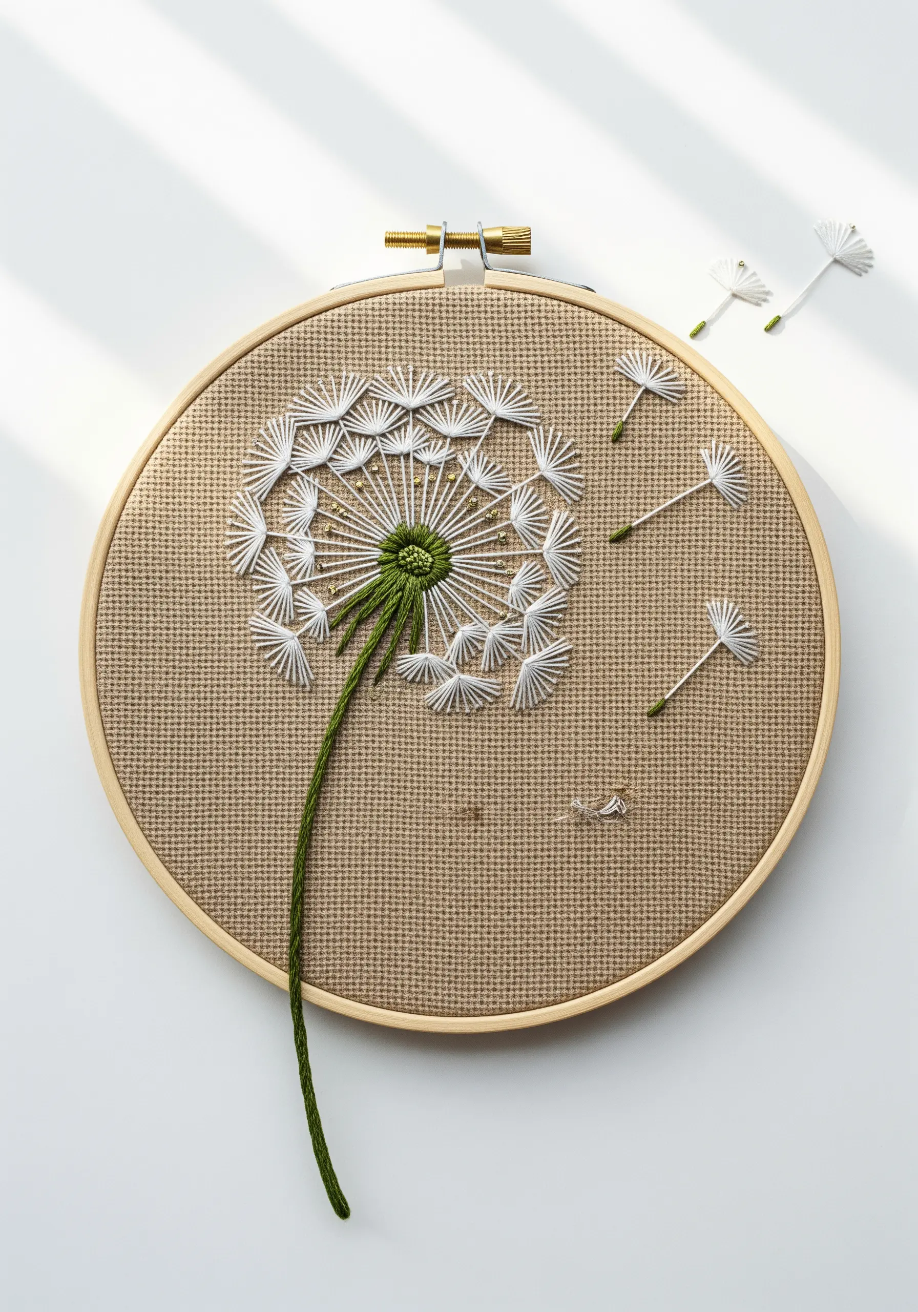 A string art dandelion on burlap, with individual embroidered seeds floating away.