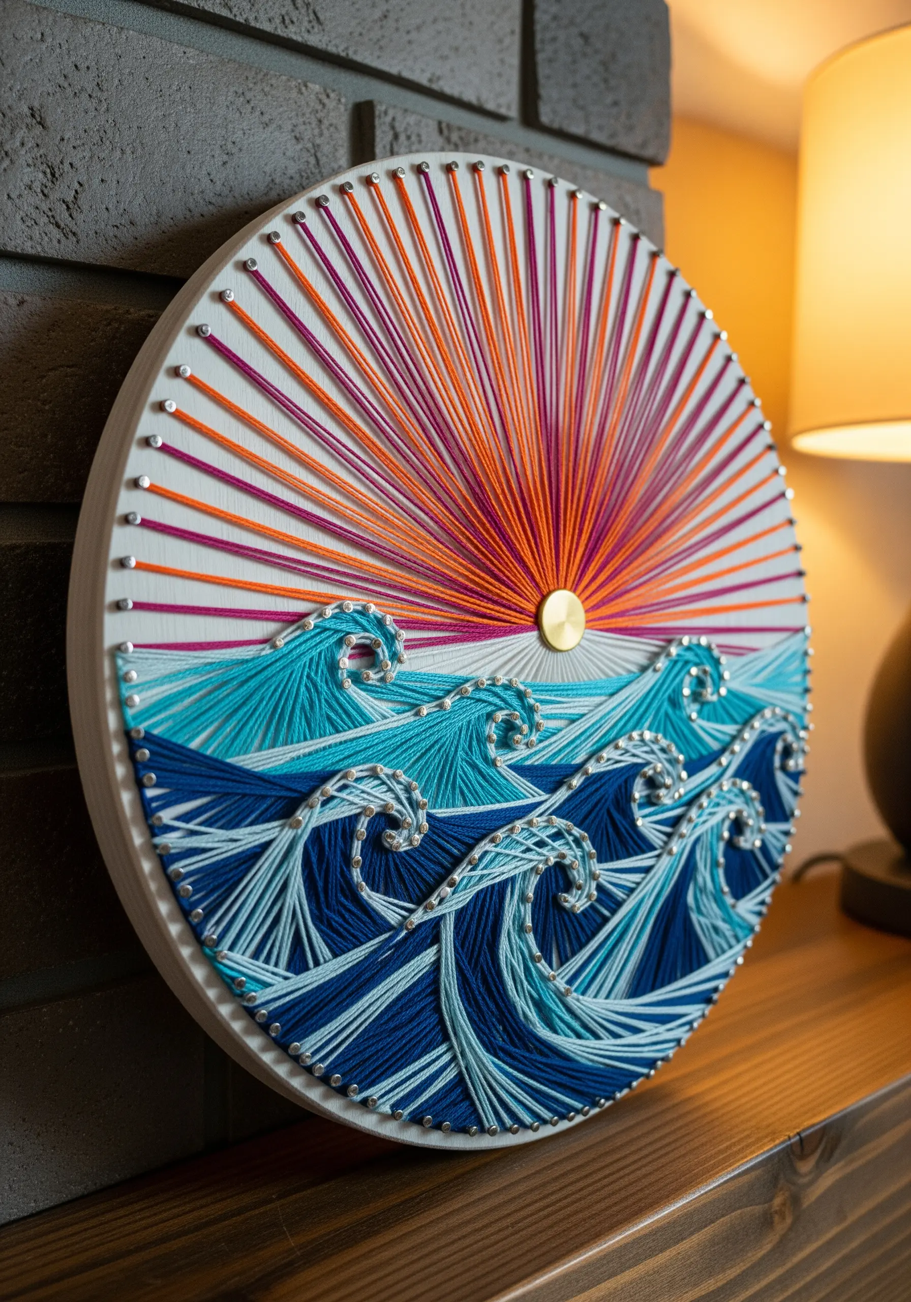 Circular string art of a vibrant sunset over layered blue and turquoise ocean waves.