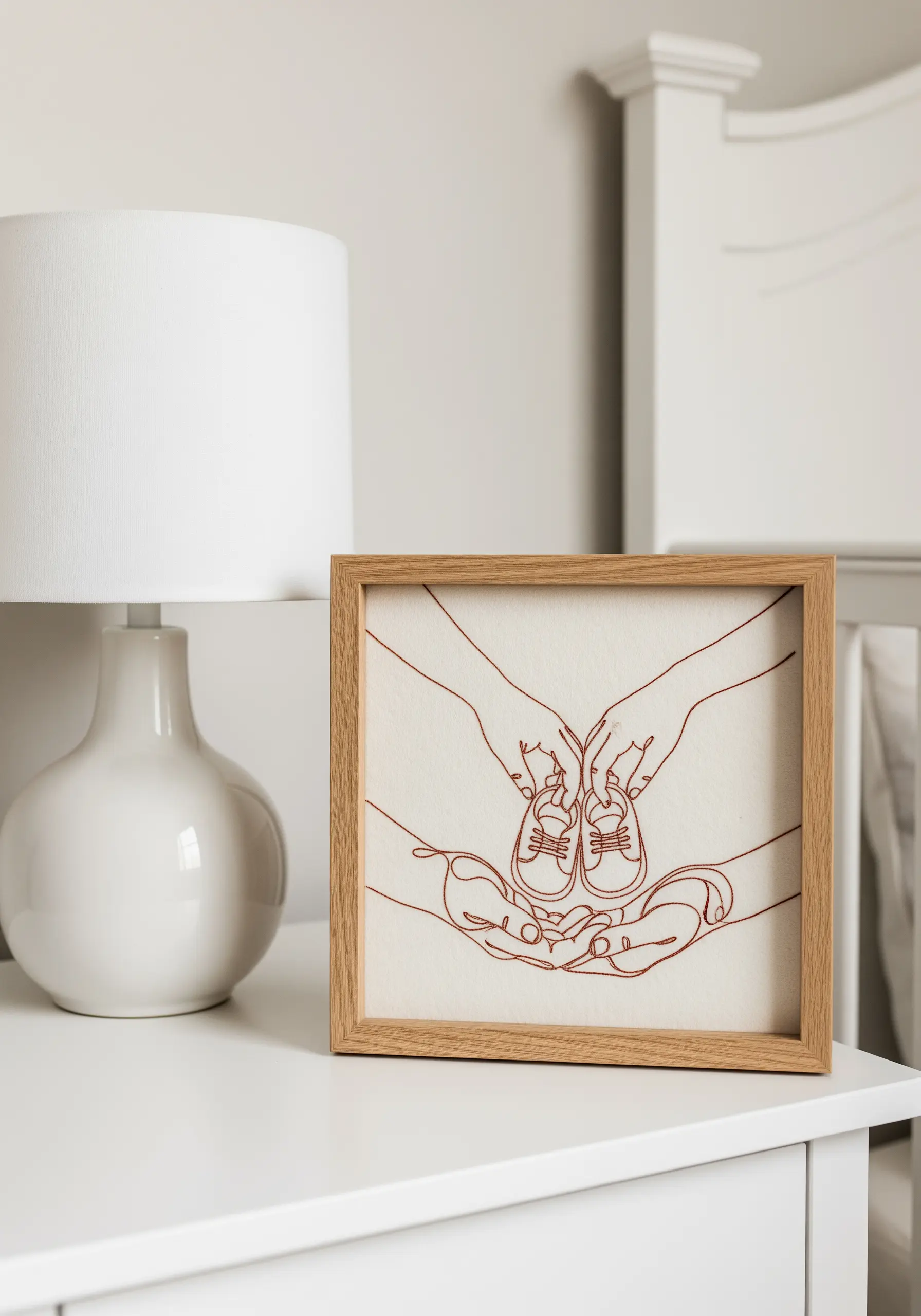 Delicate line art of hands holding a pair of baby shoes, stitched in terracotta-colored thread.