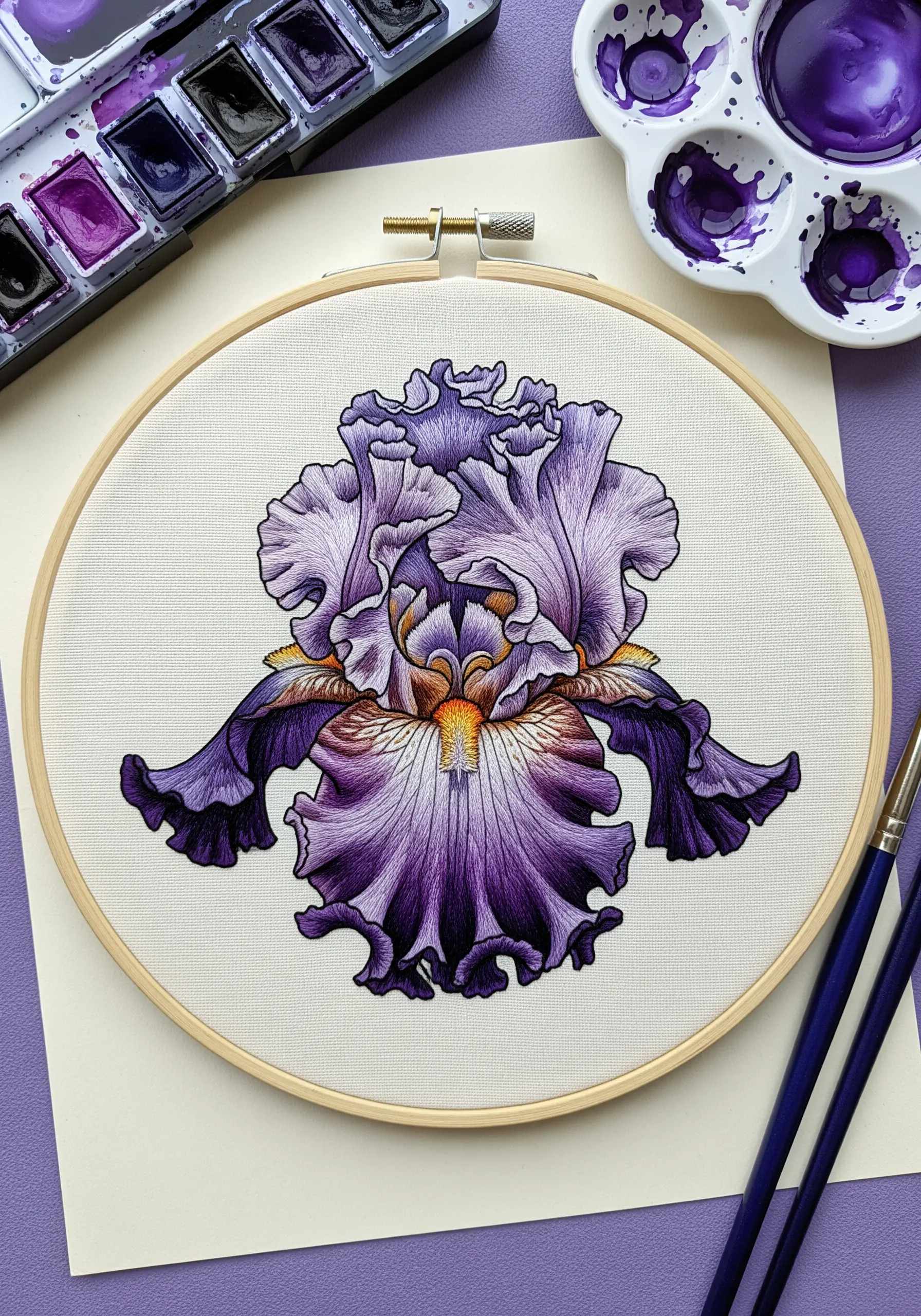 A detailed purple iris with ruffled, gradient petals sits next to a watercolor palette.