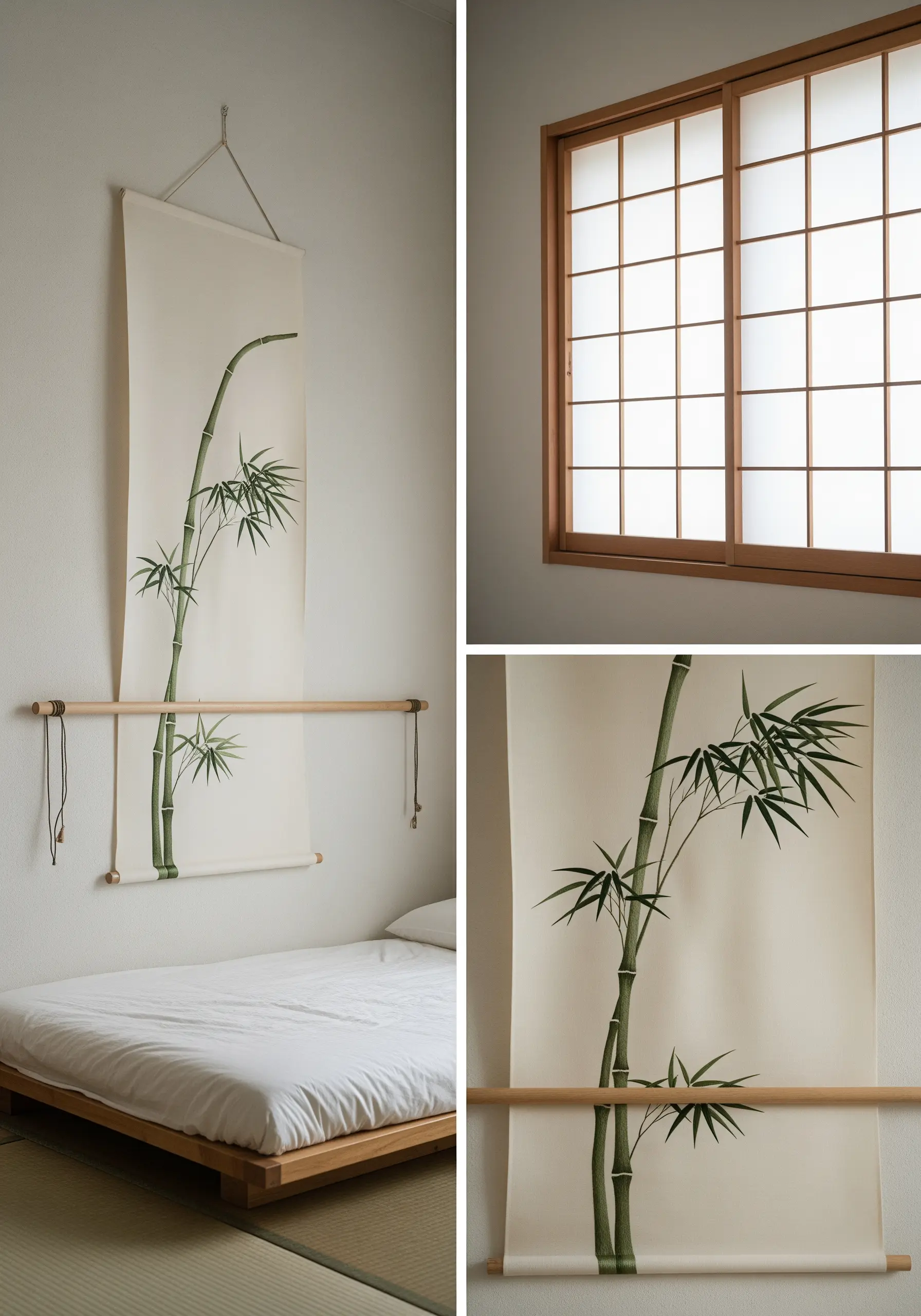 A minimalist embroidery of a bamboo stalk on a Japanese-style wall scroll.