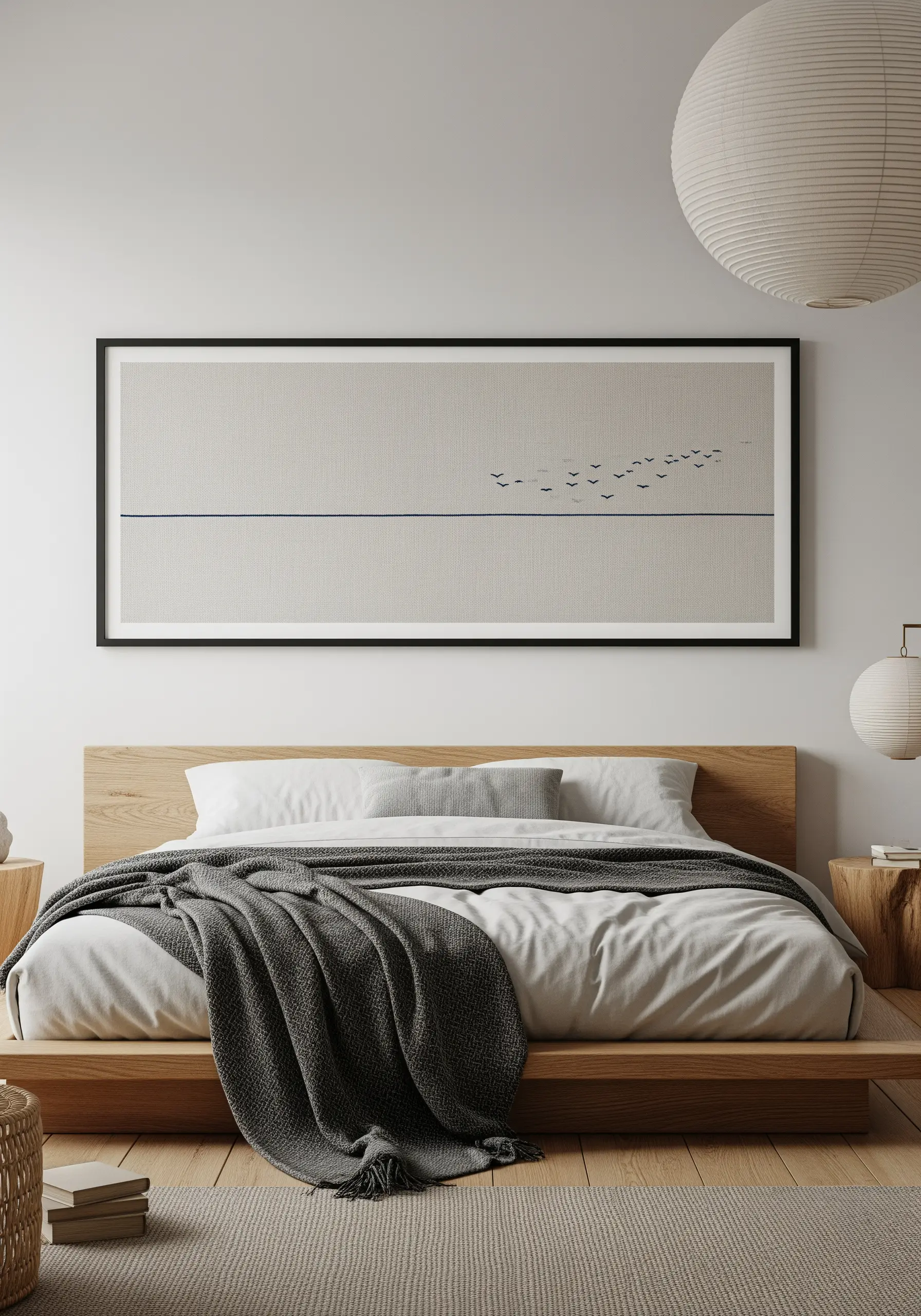 Minimalist embroidery of a flock of birds flying over a single horizon line.