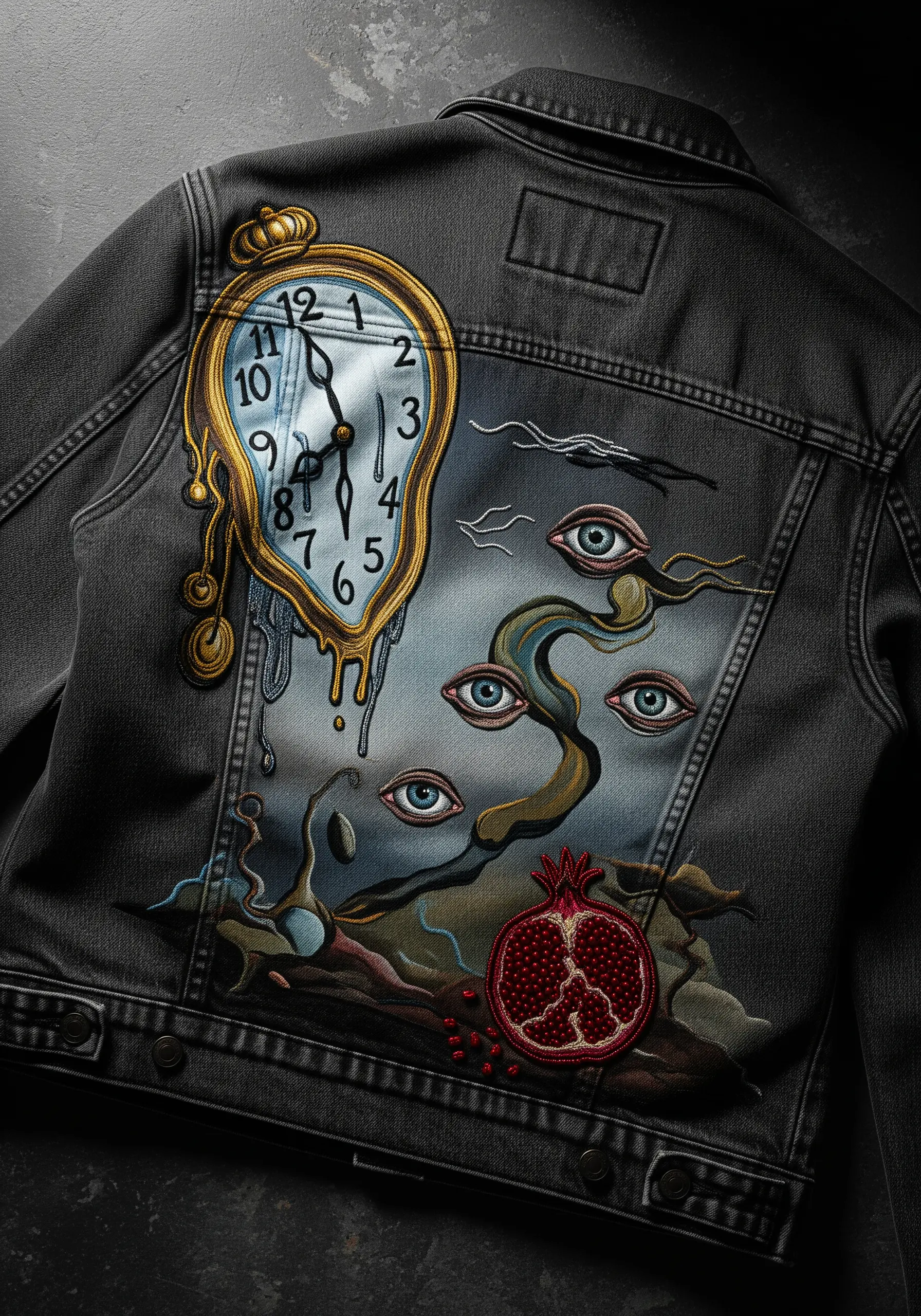 A surrealist design inspired by Salvador Dalí, with a melting clock and eyes, on a black jacket.