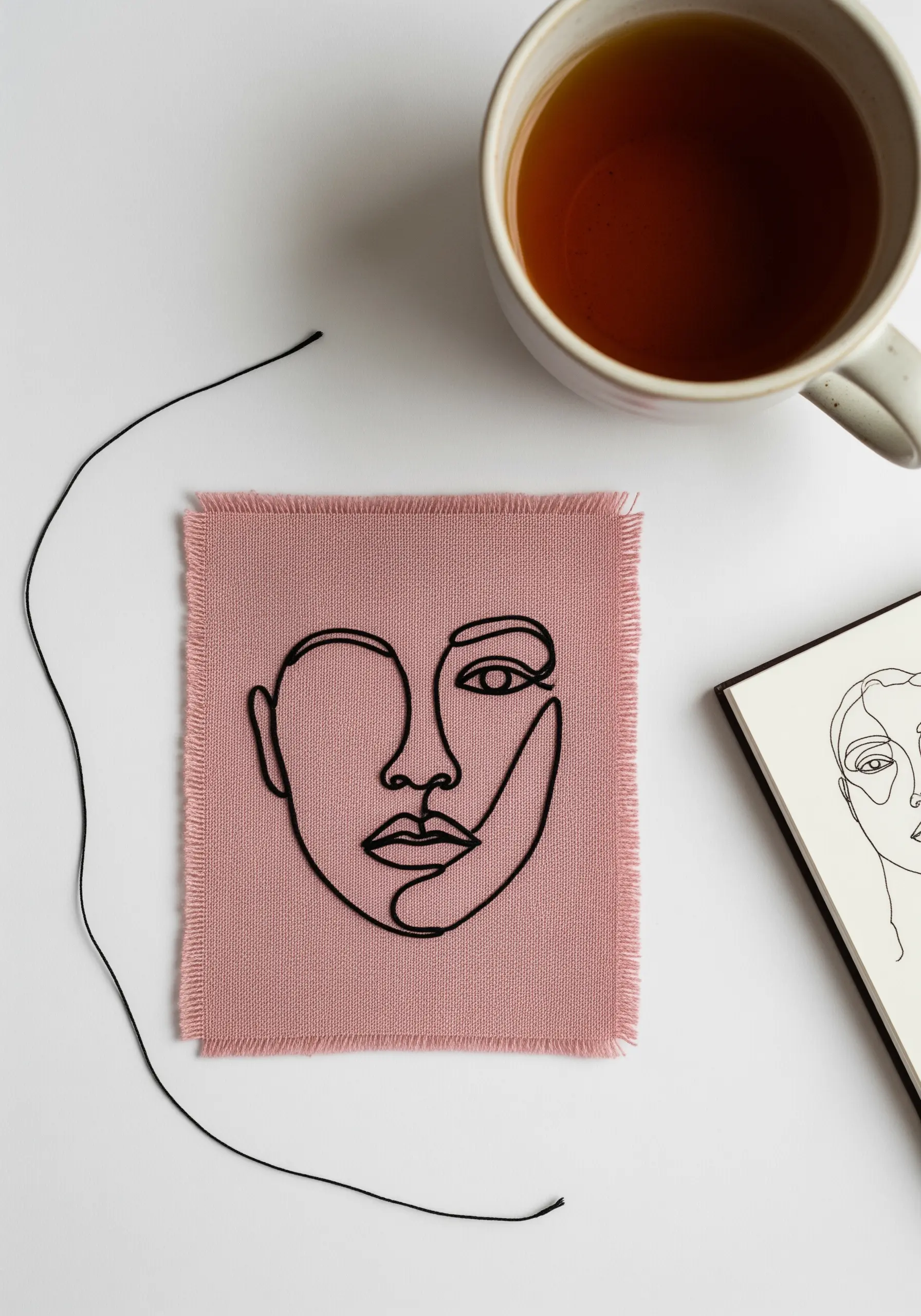 Minimalist single-line art portrait stitched in black thread on pink linen.