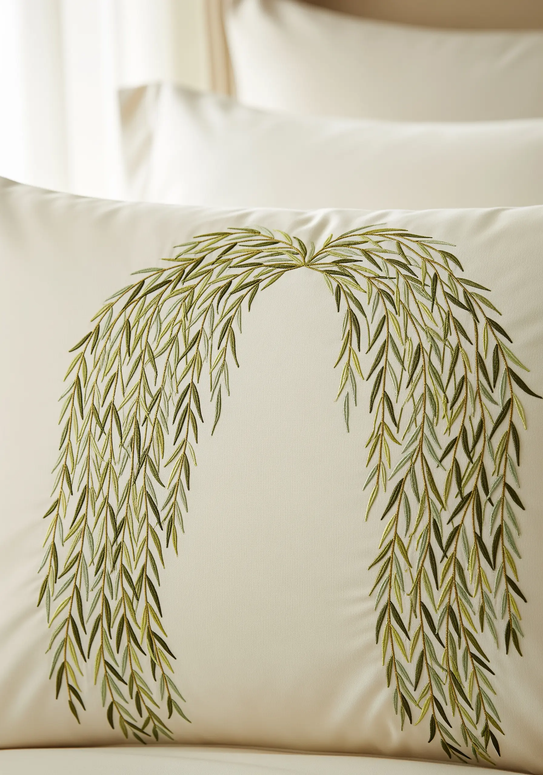 Embroidered weeping willow branches forming a graceful arch on a pillowcase.