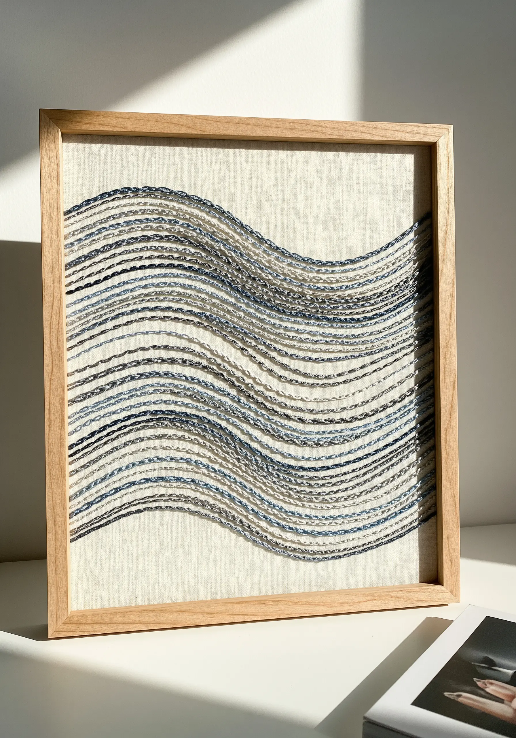 Framed abstract embroidery of waves made with parallel lines of blue, grey, and white threads.