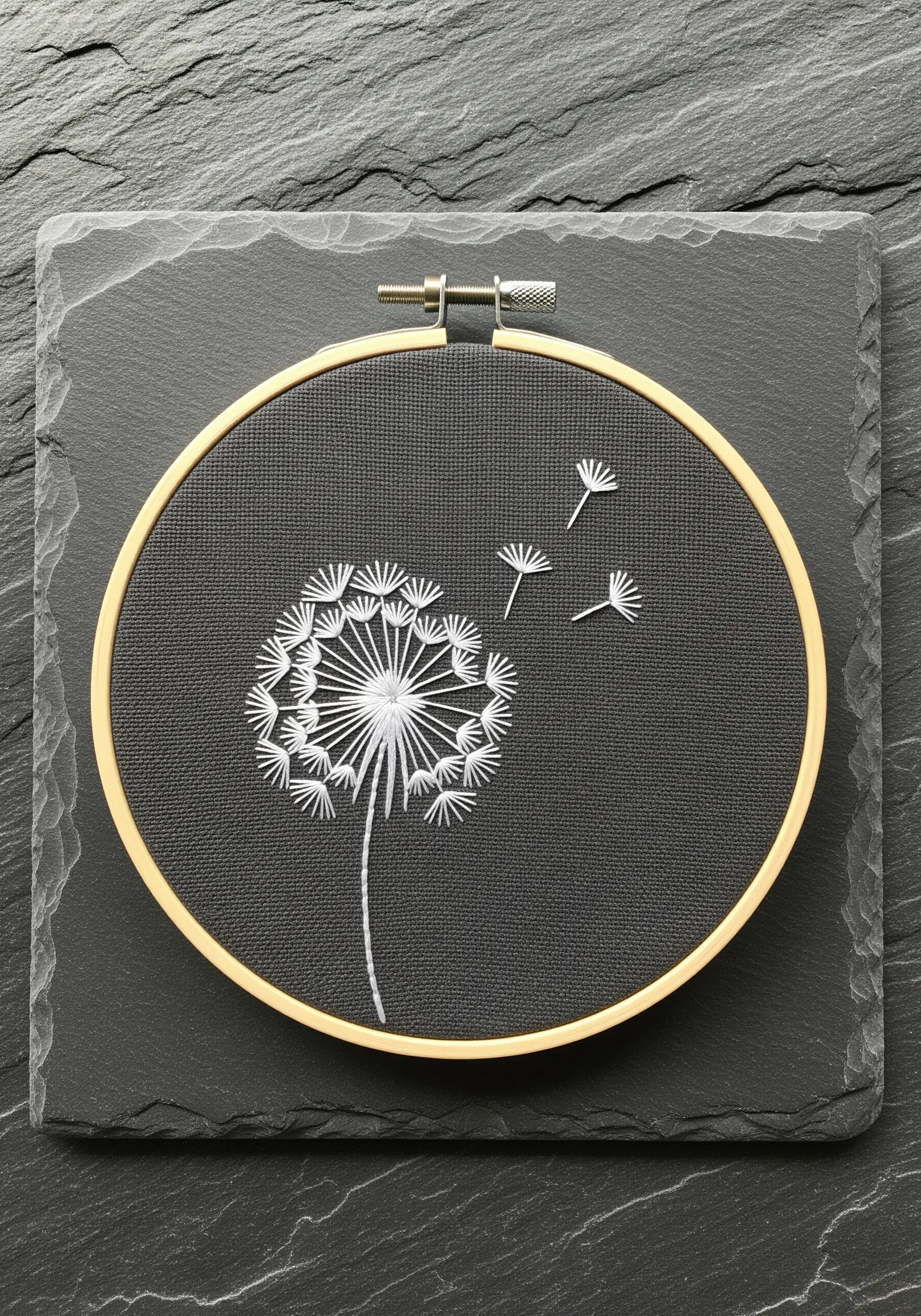 A delicate white dandelion puff embroidered on black fabric, with seeds blowing away.