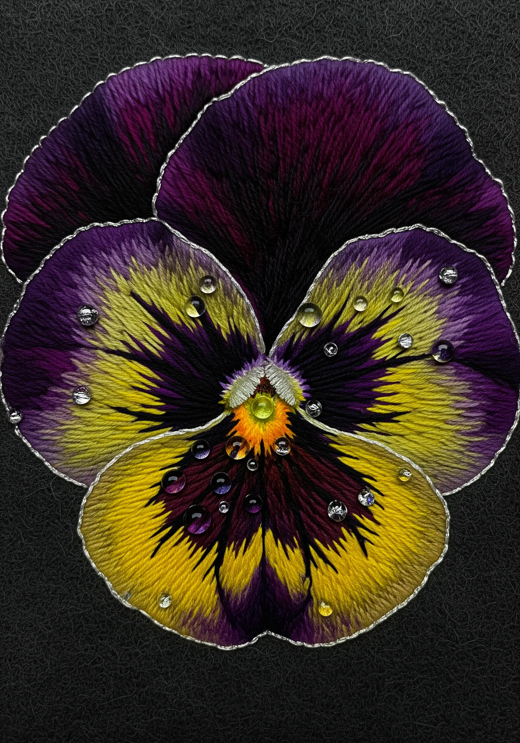 A deep purple and yellow pansy embroidery with a shimmering metallic outline on black fabric.