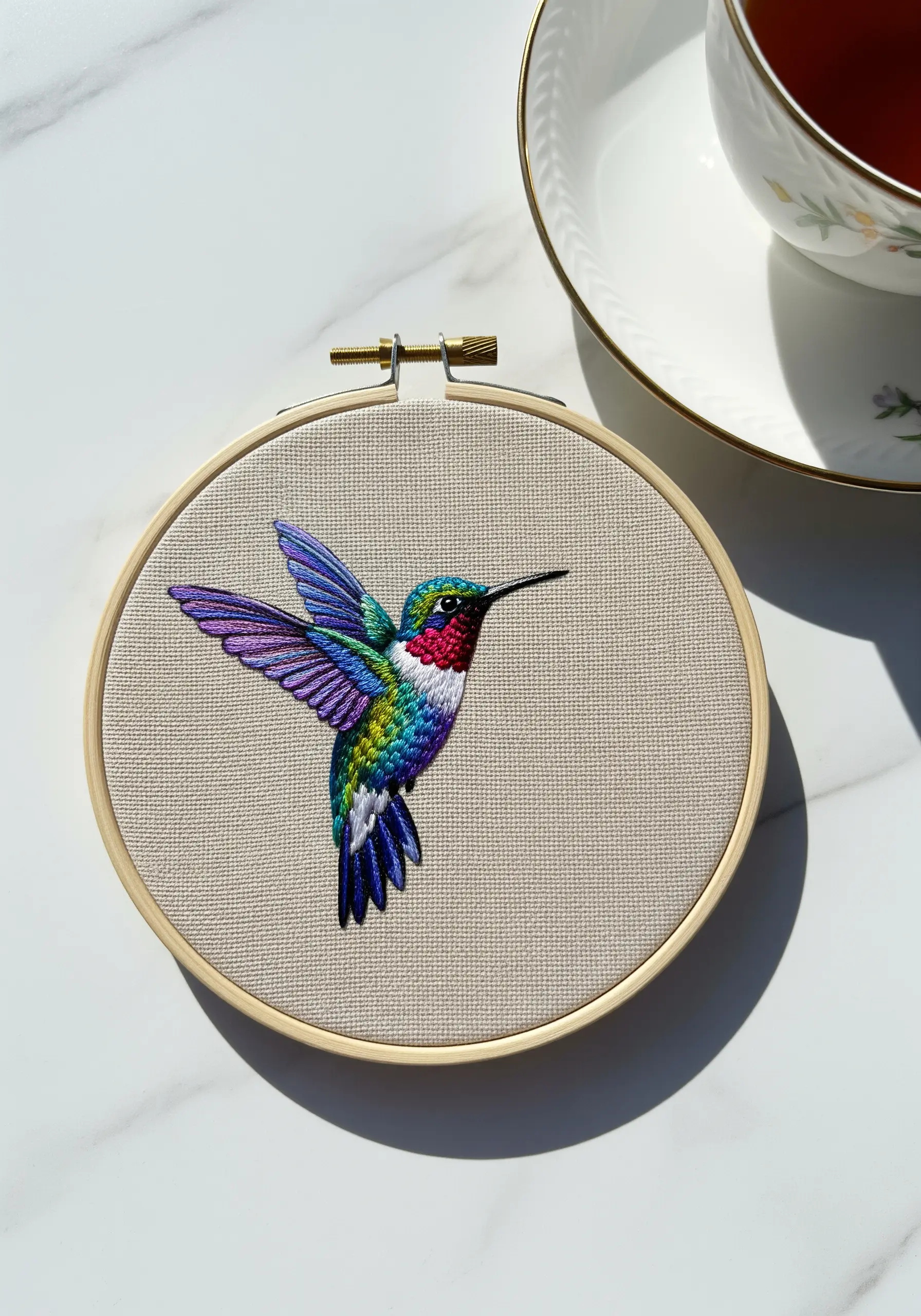 A detailed, thread-painted hummingbird with iridescent blue, purple, and green feathers.