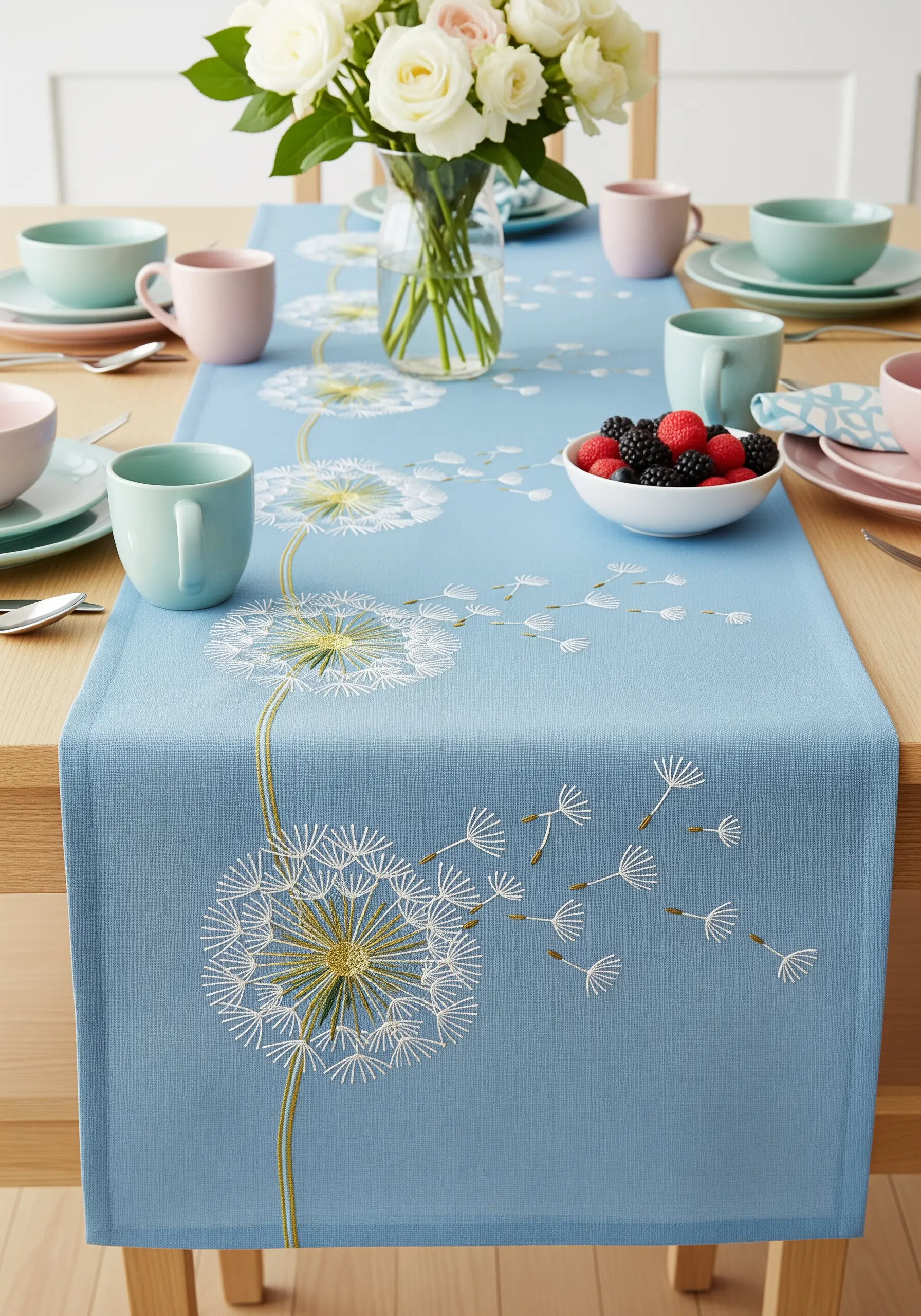 Dandelion clocks embroidered in white and gold on a blue table runner.
