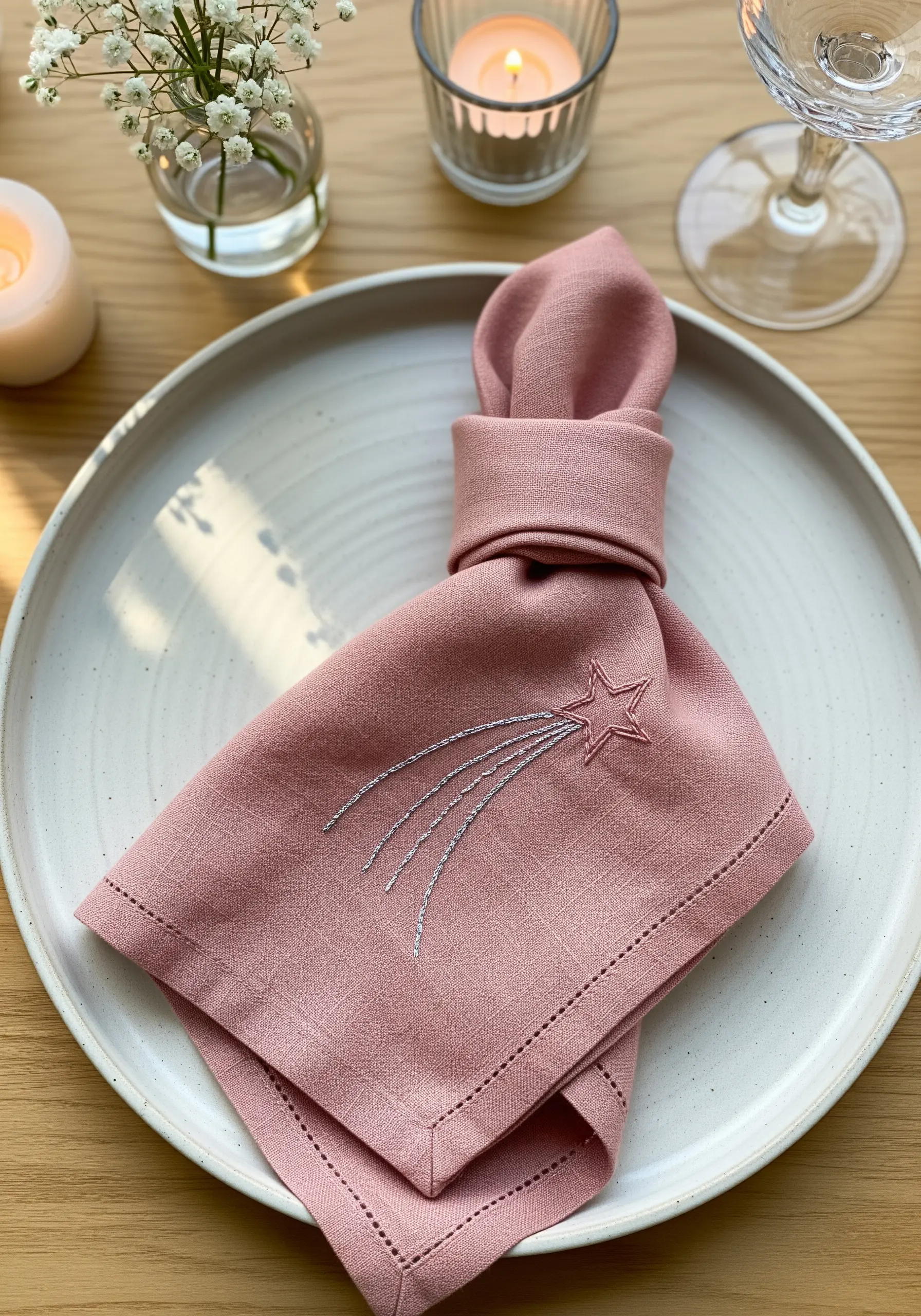 A shooting star with a silver metallic thread trail embroidered on a pink linen napkin.