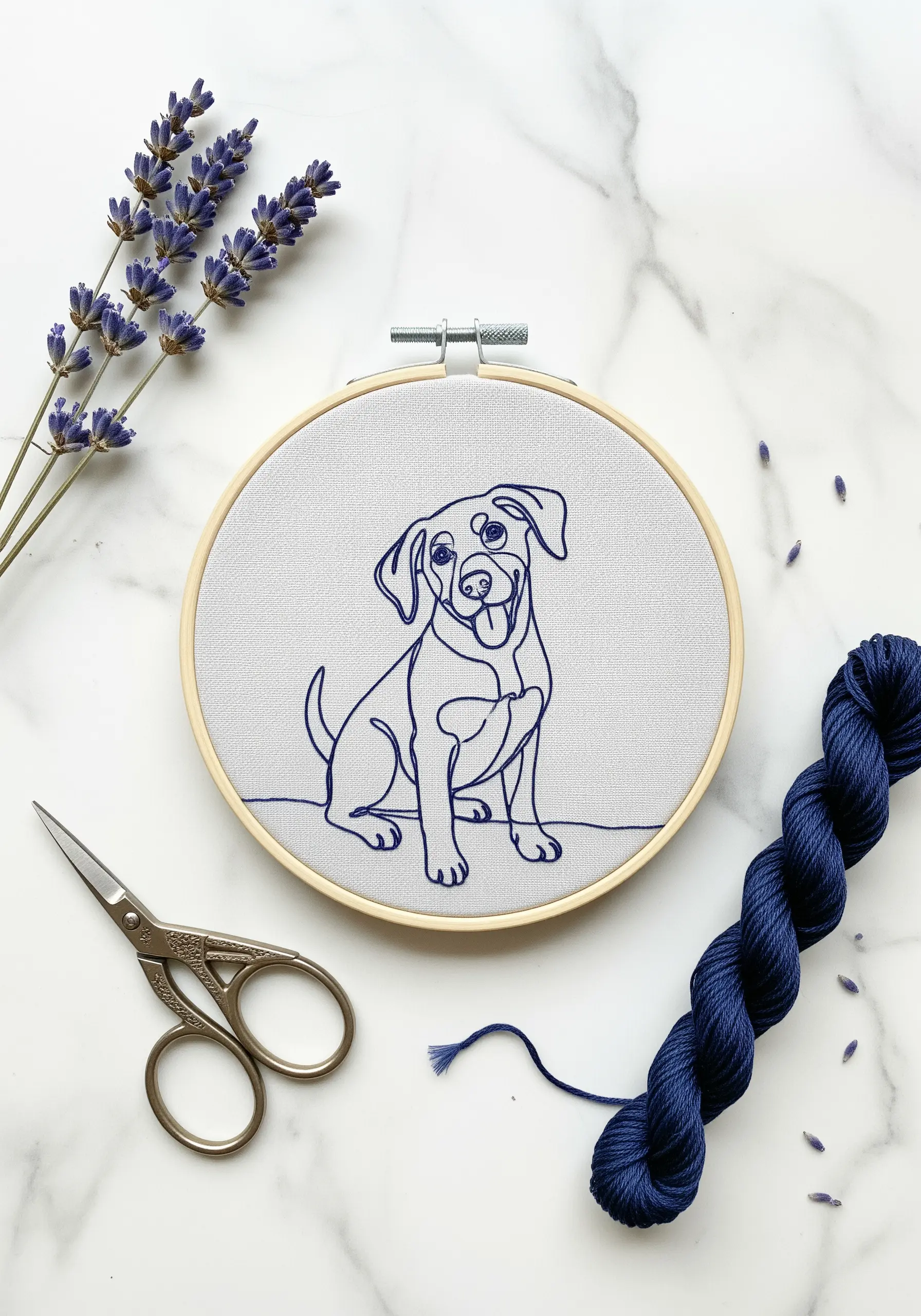 Single-line art embroidery of a happy puppy in a hoop, next to navy thread.