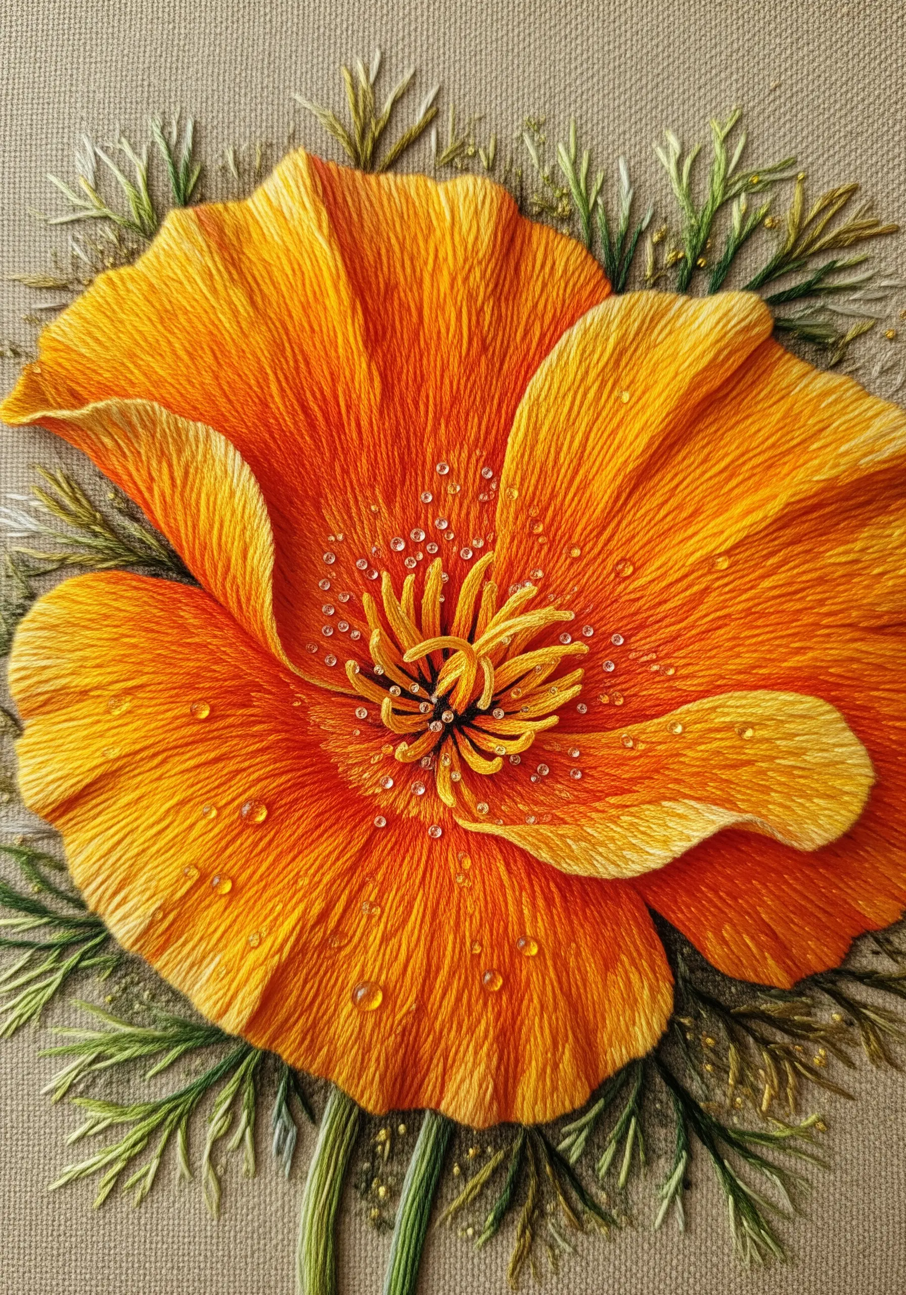 Vibrant orange California poppy embroidery with blended yellow highlights on the petals.