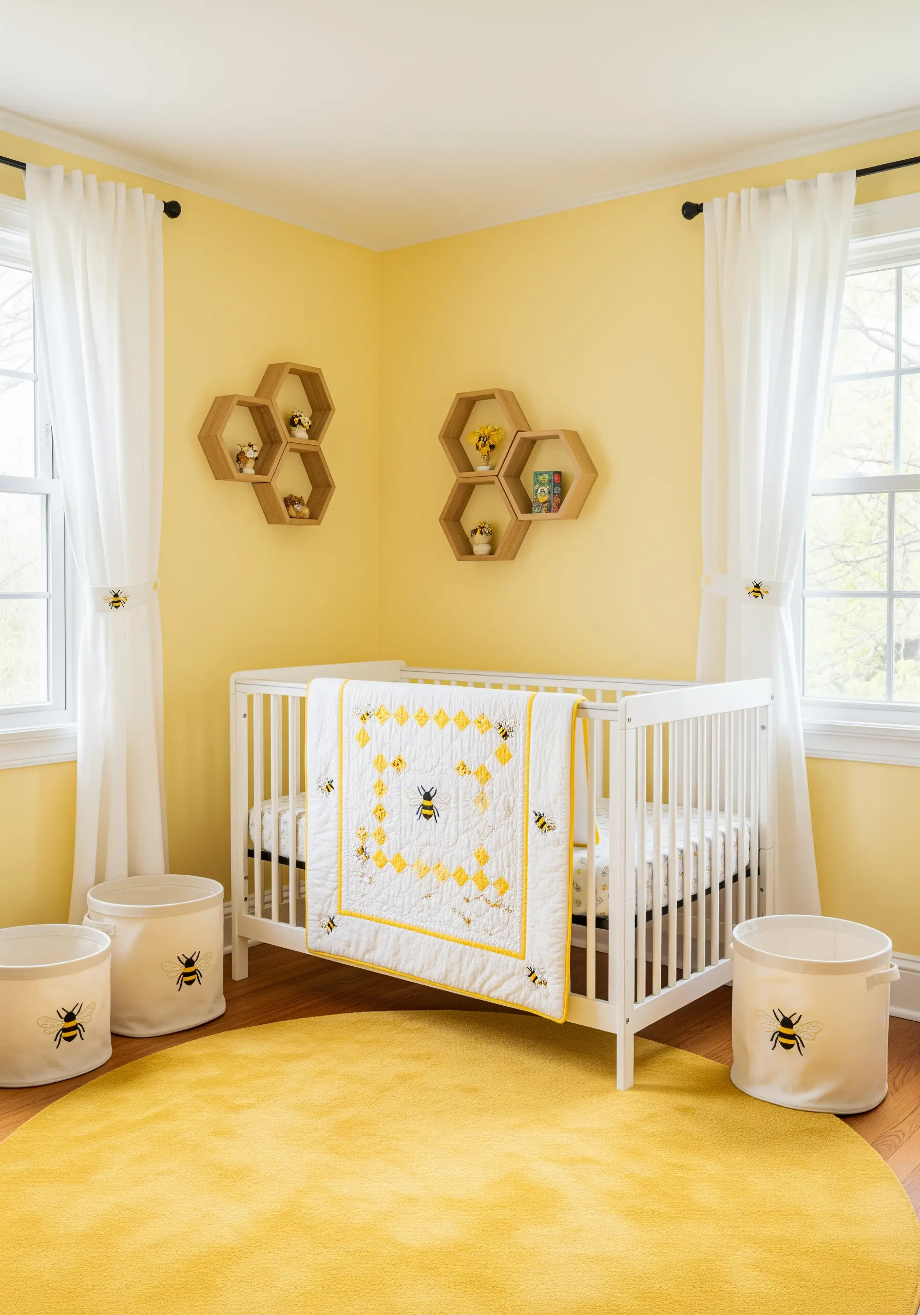 A simple embroidered bee motif repeated on a quilt, storage bins, and curtains.