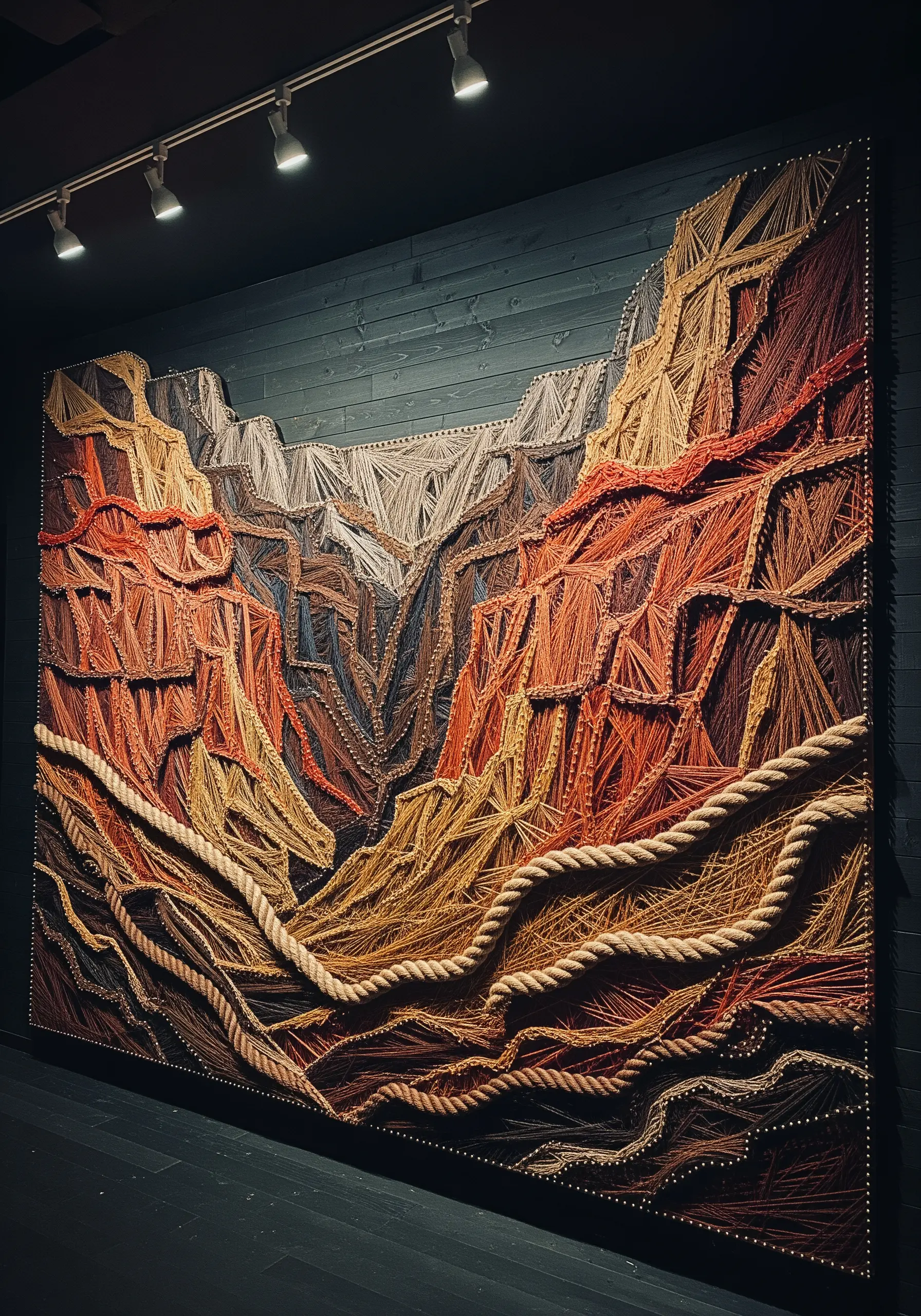 Large-scale string and rope art of a dramatic canyon in earth tones.