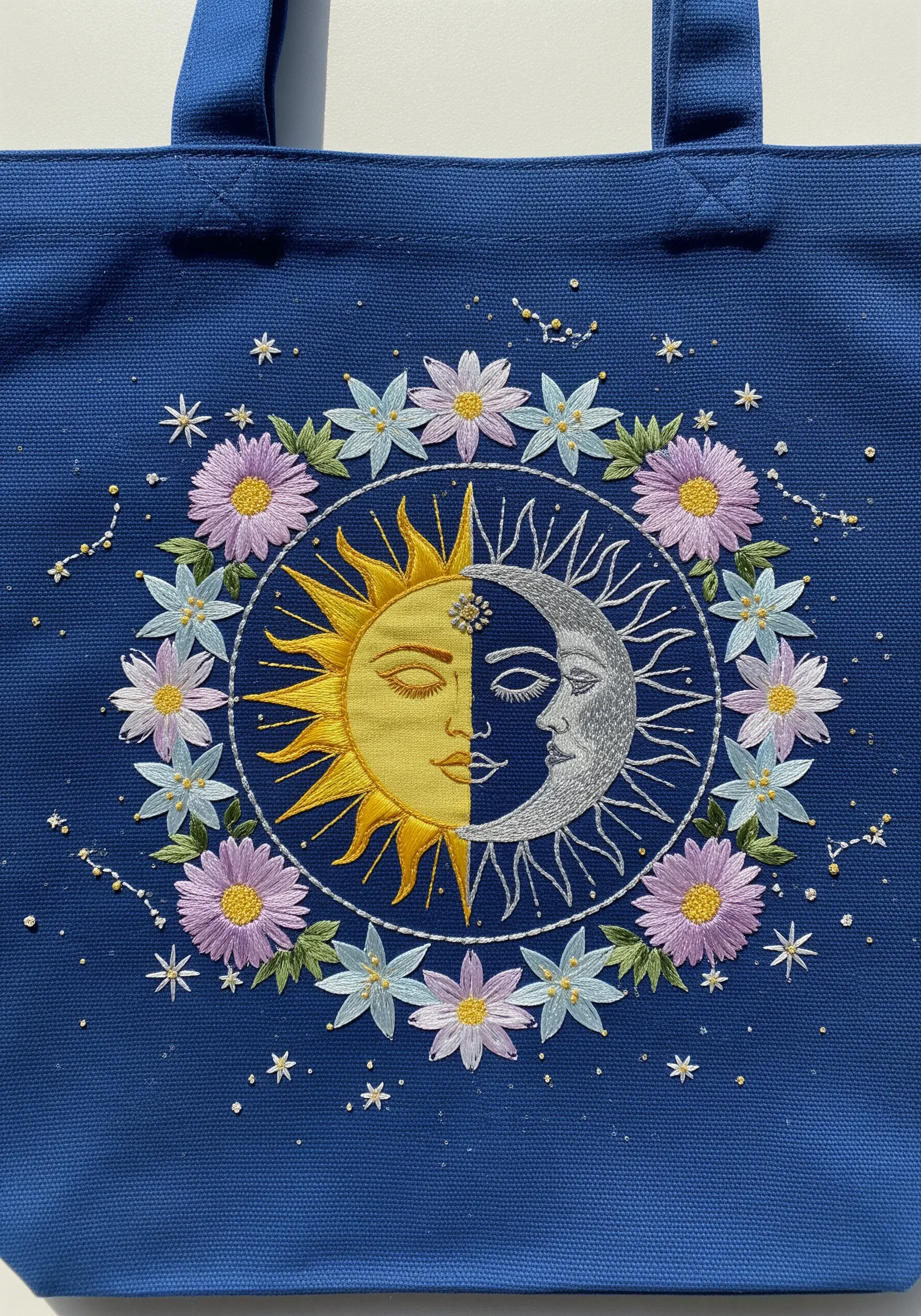 A celestial mandala with a sun and moon face, surrounded by a floral wreath on a blue tote.