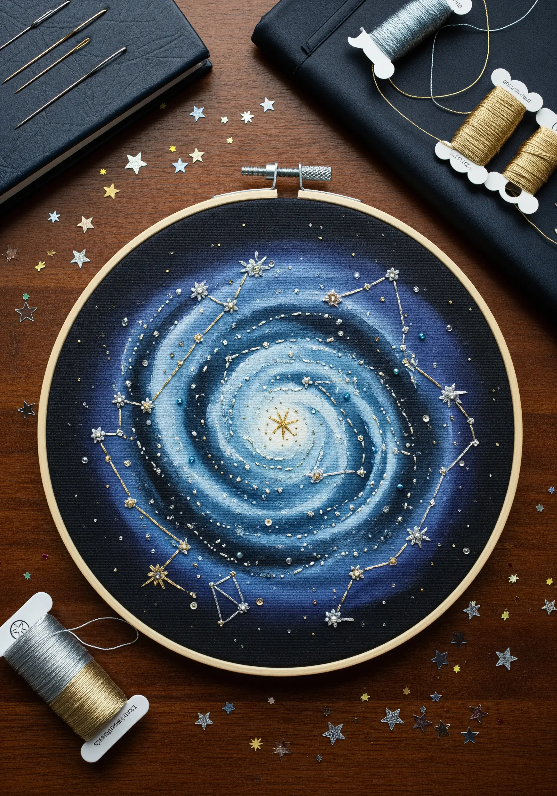 Embroidered galaxy with painted background, metallic thread constellations, and beaded stars in a hoop.