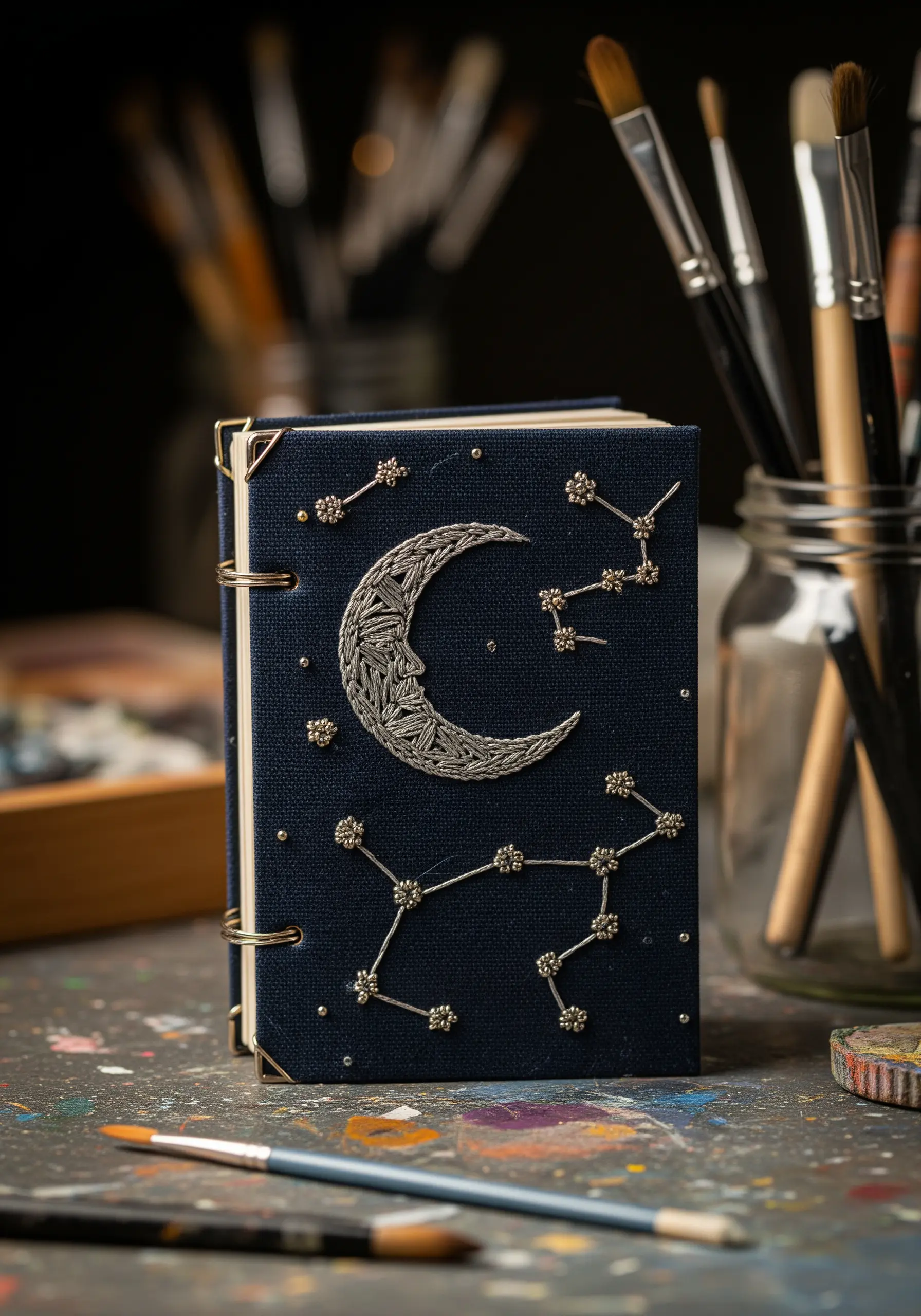 An embroidered crescent moon and constellations on a dark blue journal cover using silver thread.