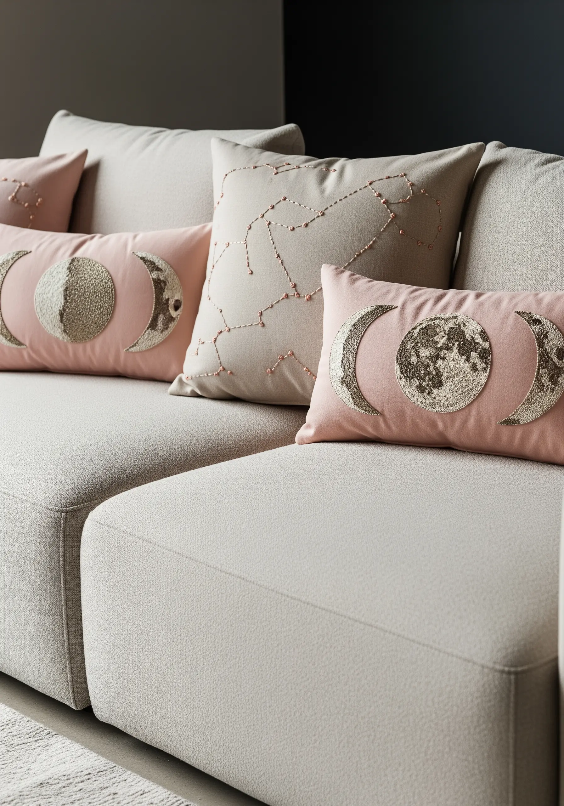 Blush and beige pillows with embroidered constellations and textured moons.