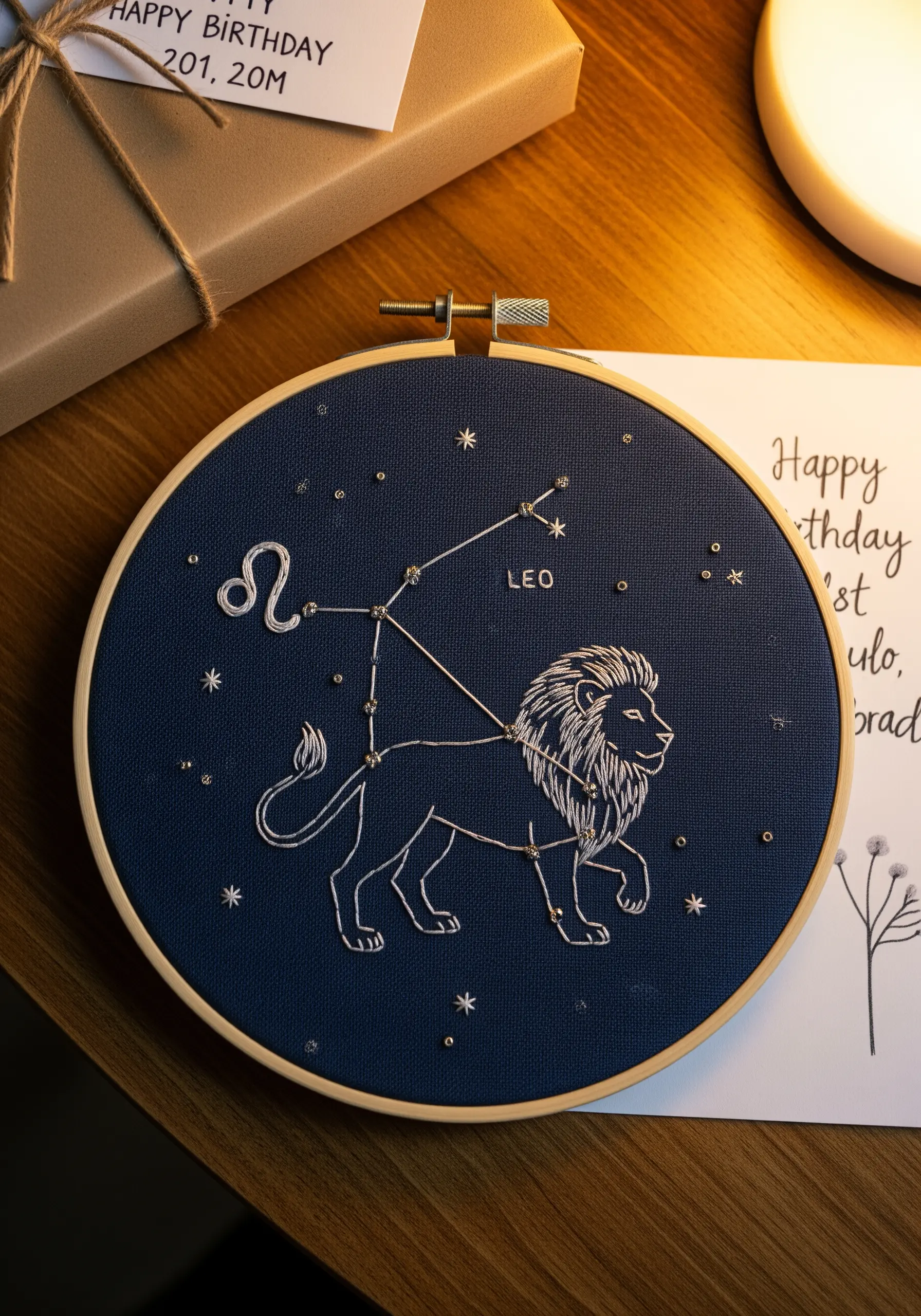 Embroidered Leo constellation with metallic thread and beads on dark blue fabric.