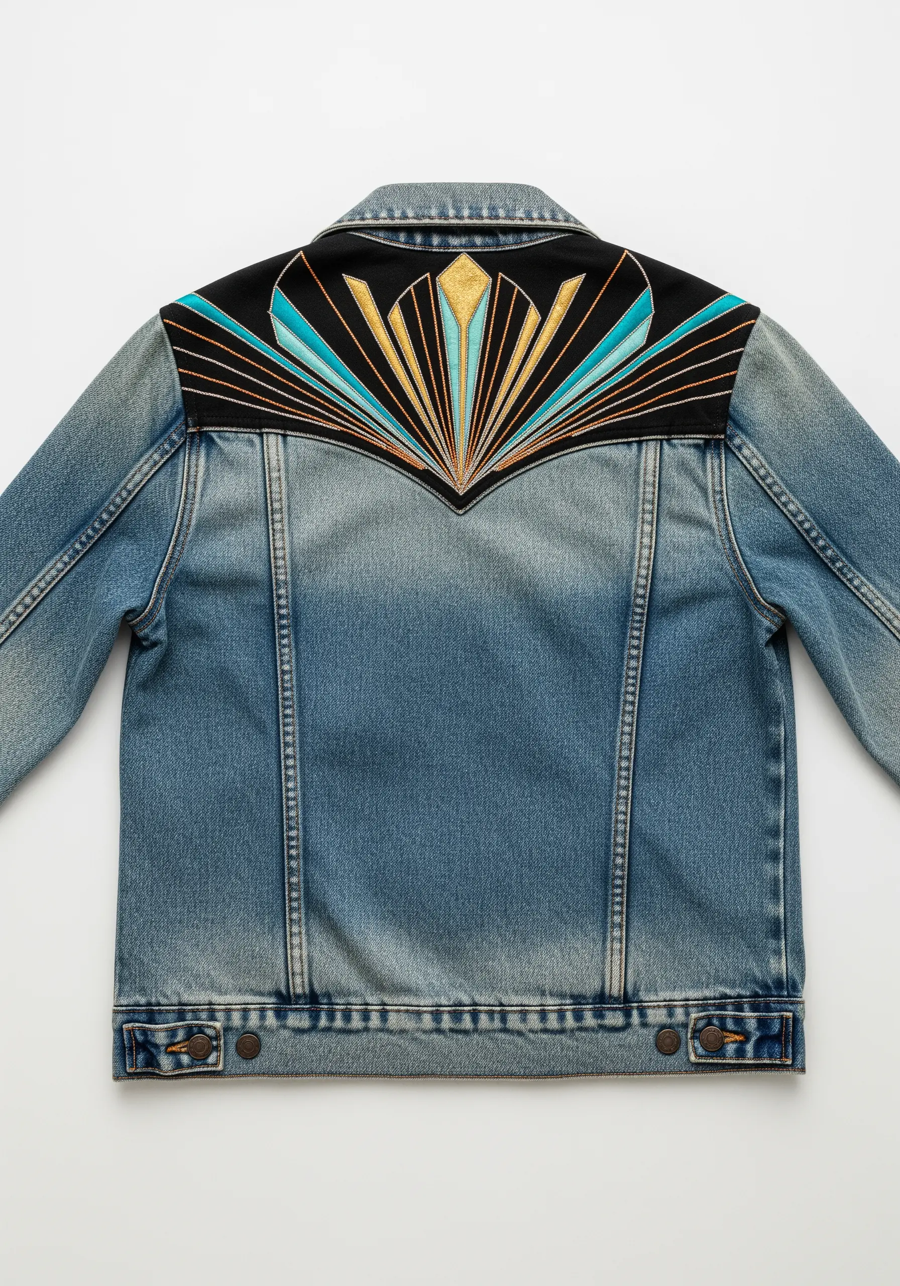 Art Deco-inspired geometric embroidery with metallic gold and turquoise threads on a denim jacket yoke.