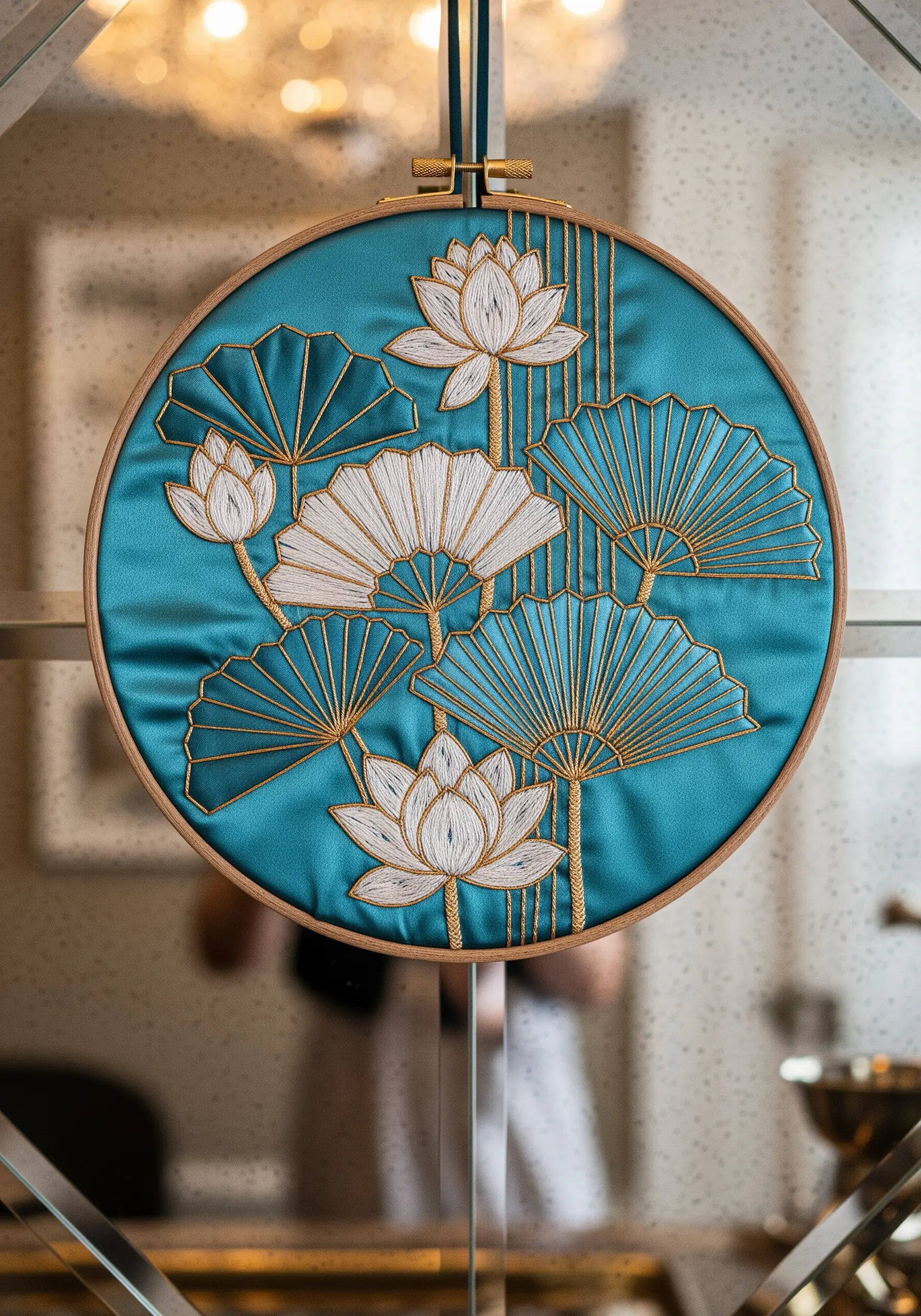 An Art Deco-style embroidery of lotus flowers and fans with gold metallic thread