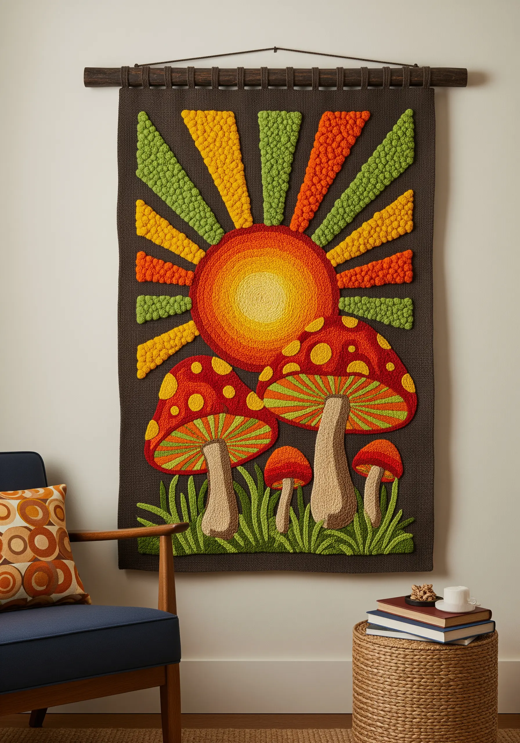 A retro-style punch needle wall hanging of a sun and mushrooms in 70s colors.