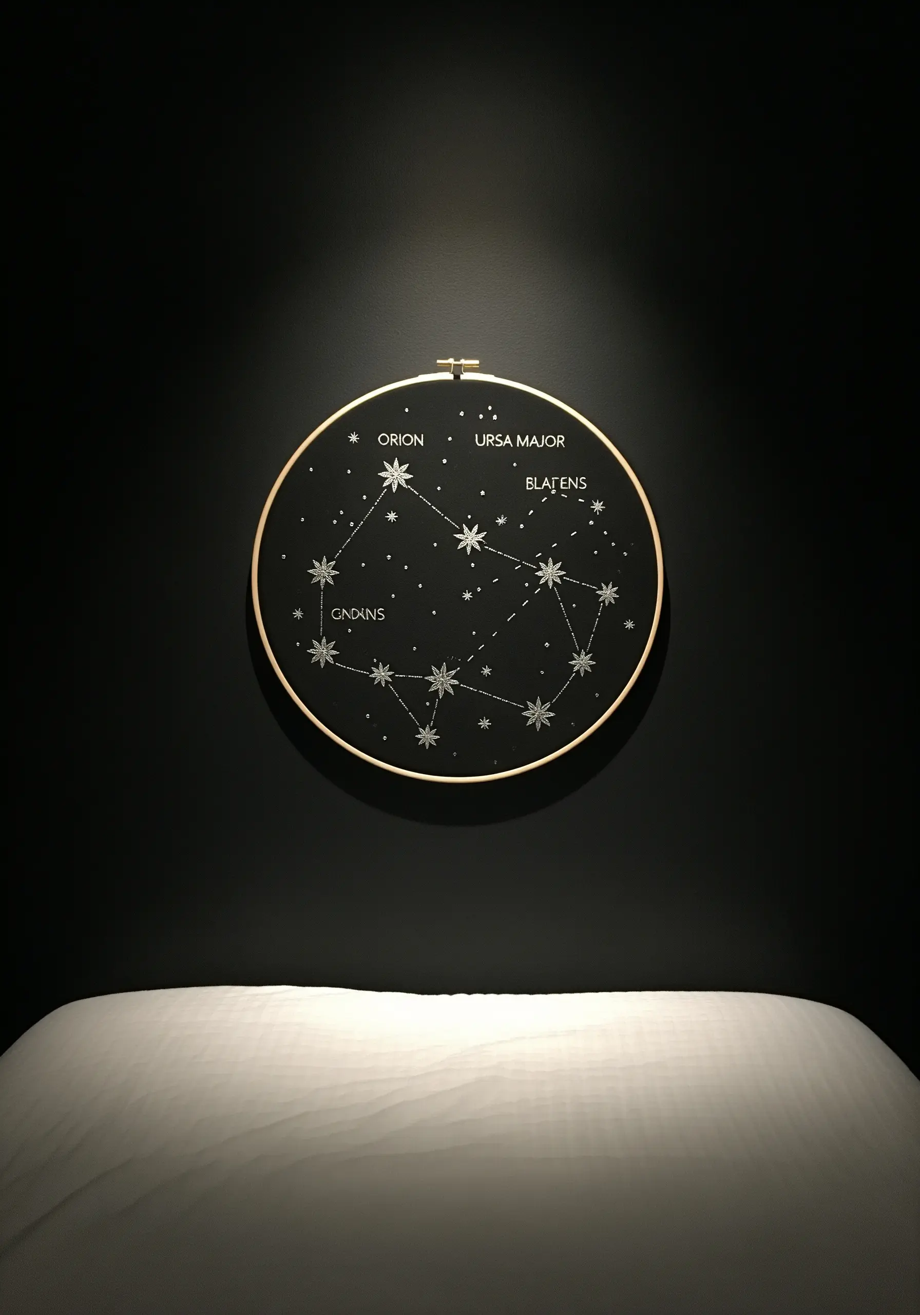 A constellation hoop with star stitches and text embroidered in silver thread on black fabric.